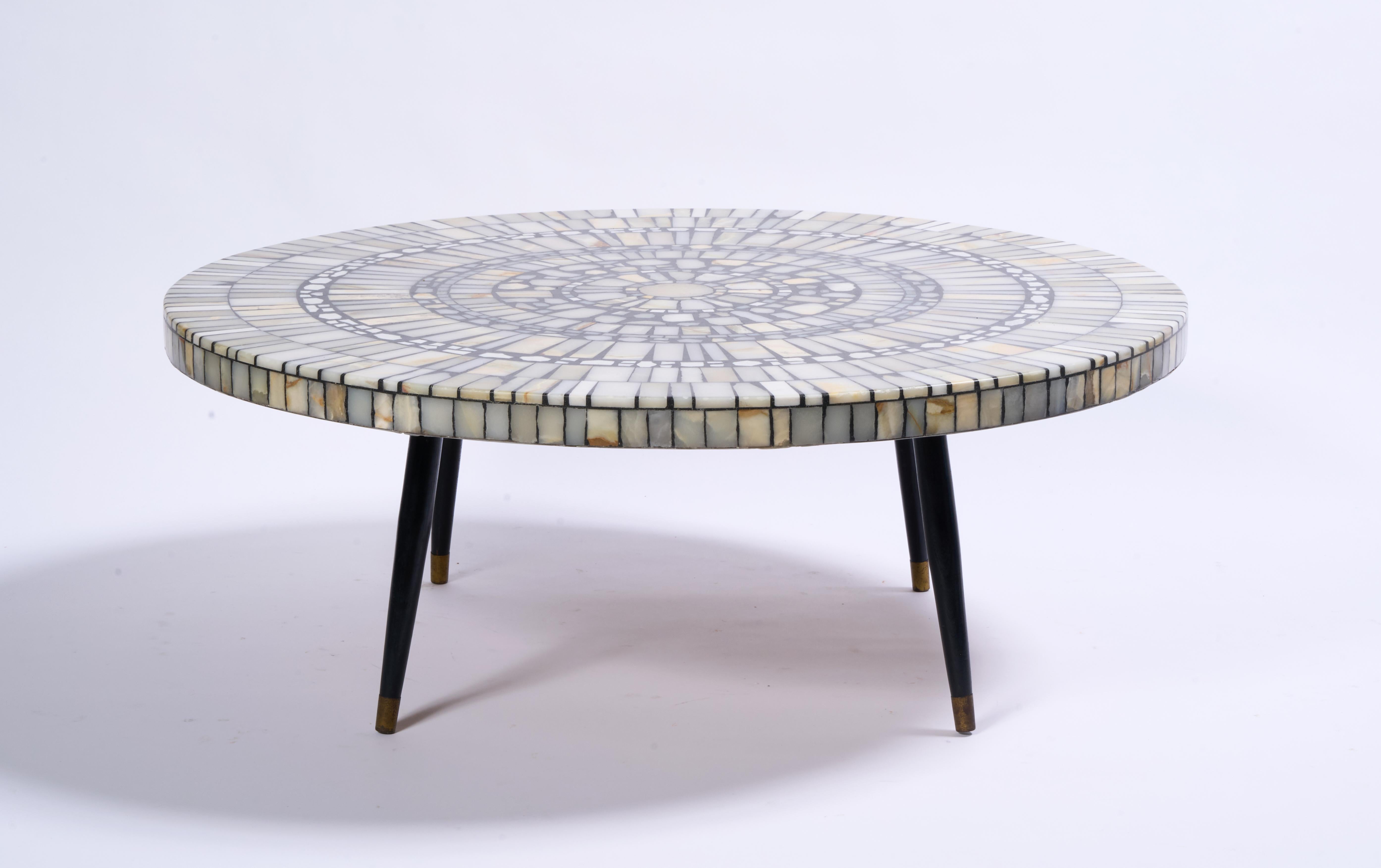 Heinz Lilienthal mosaic onyx coffee table.
Stone top has been polished, small chips have been repaired. Shows beautifully. 

Wooden legs are not original, show minor wear commensurate with age.