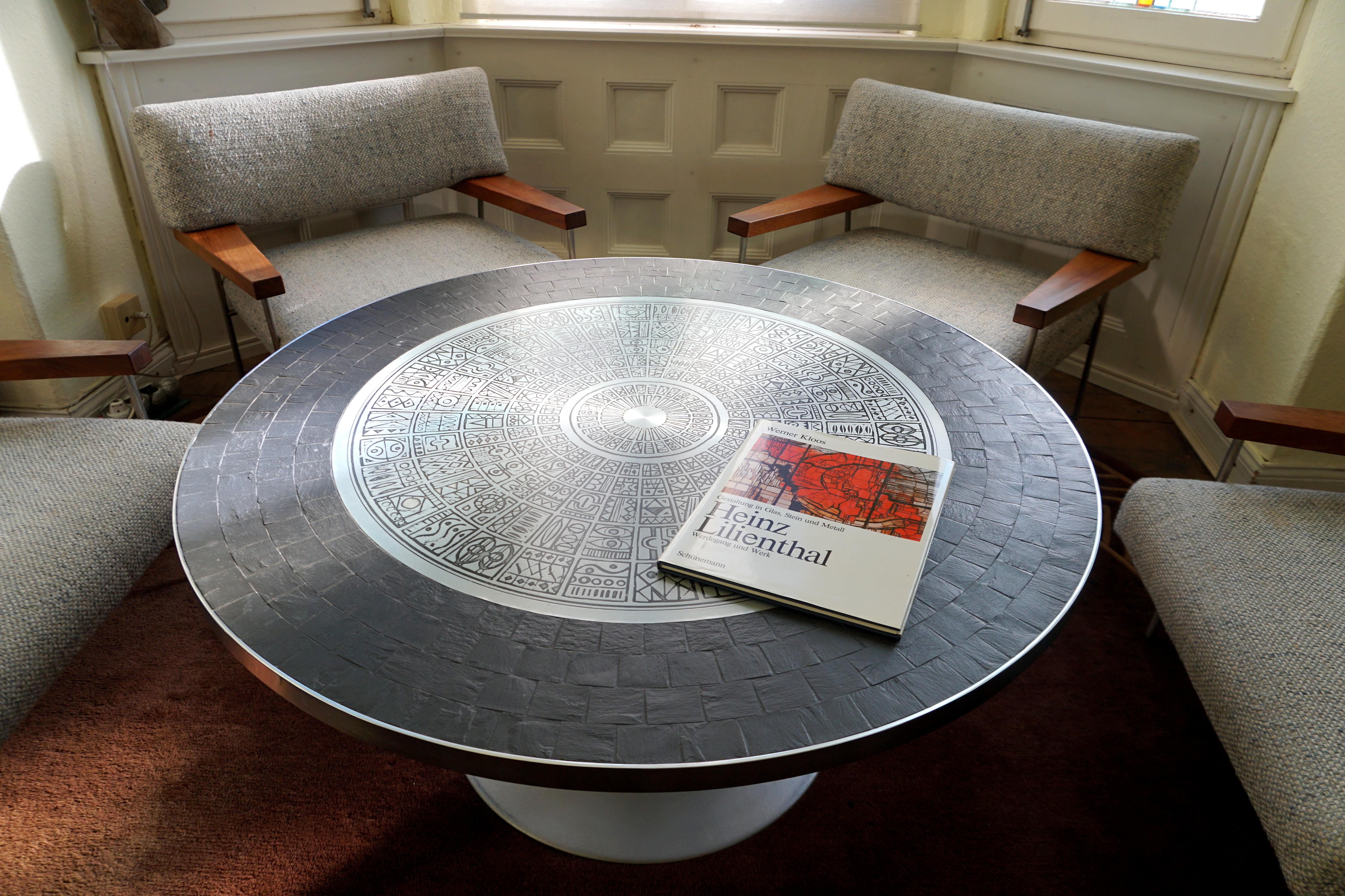 Heinz Lilienthal Tulip Table, Coffee Table with Slate and Etched Steel Tabletop In Good Condition For Sale In Halle, DE