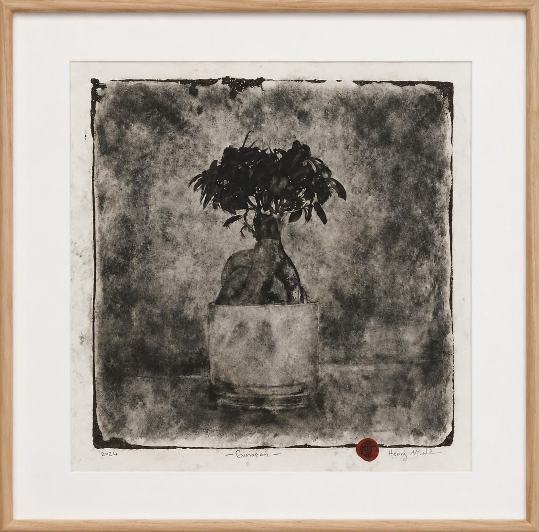 Image monochrome unique, réalisée par transfert chimique sur papier fait main et encadrée, intitulée « Bonsai »