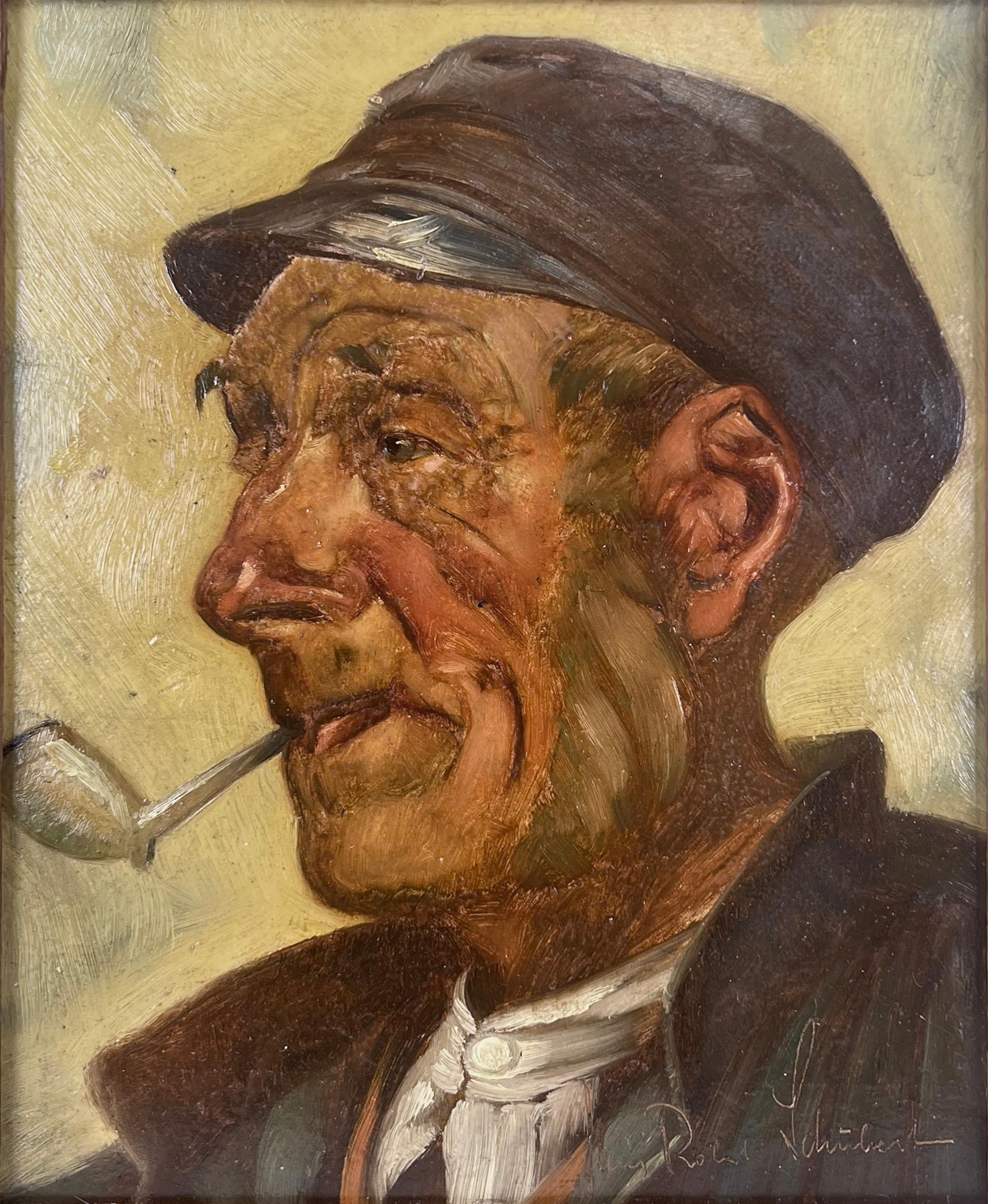 Portrait d'un homme fumant la pipe à l'huile sur Masonite - Painting de Heinz Robert Schubert