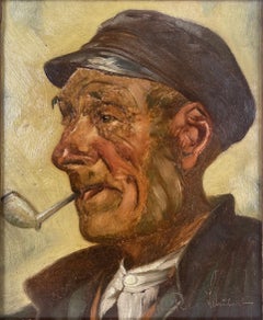 Portrait of a Man Smoking a Pipe in Oil on Masonite