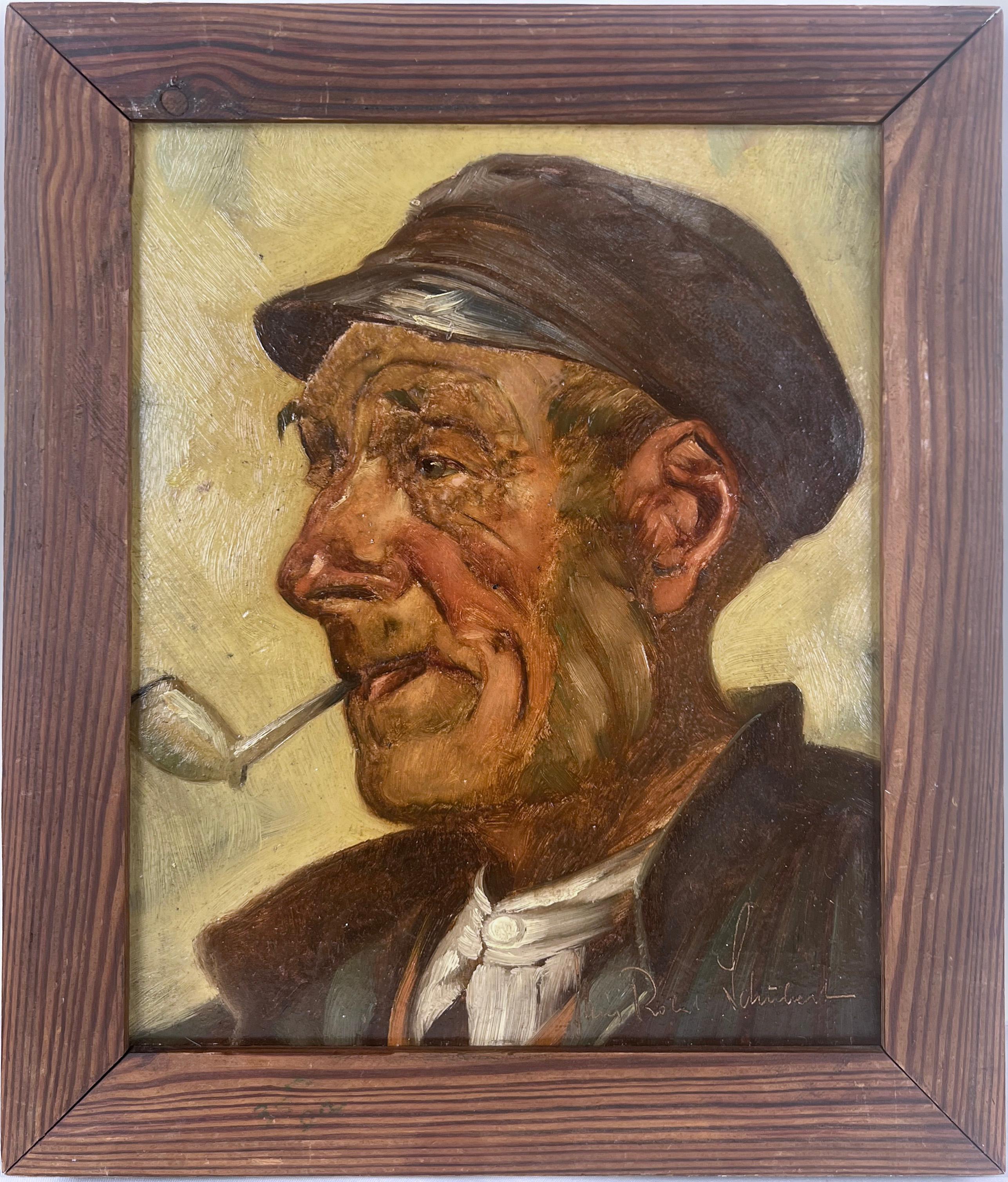 Heinz Robert Schubert Portrait Painting - Portrait of a Man Smoking a Pipe in Oil on Masonite