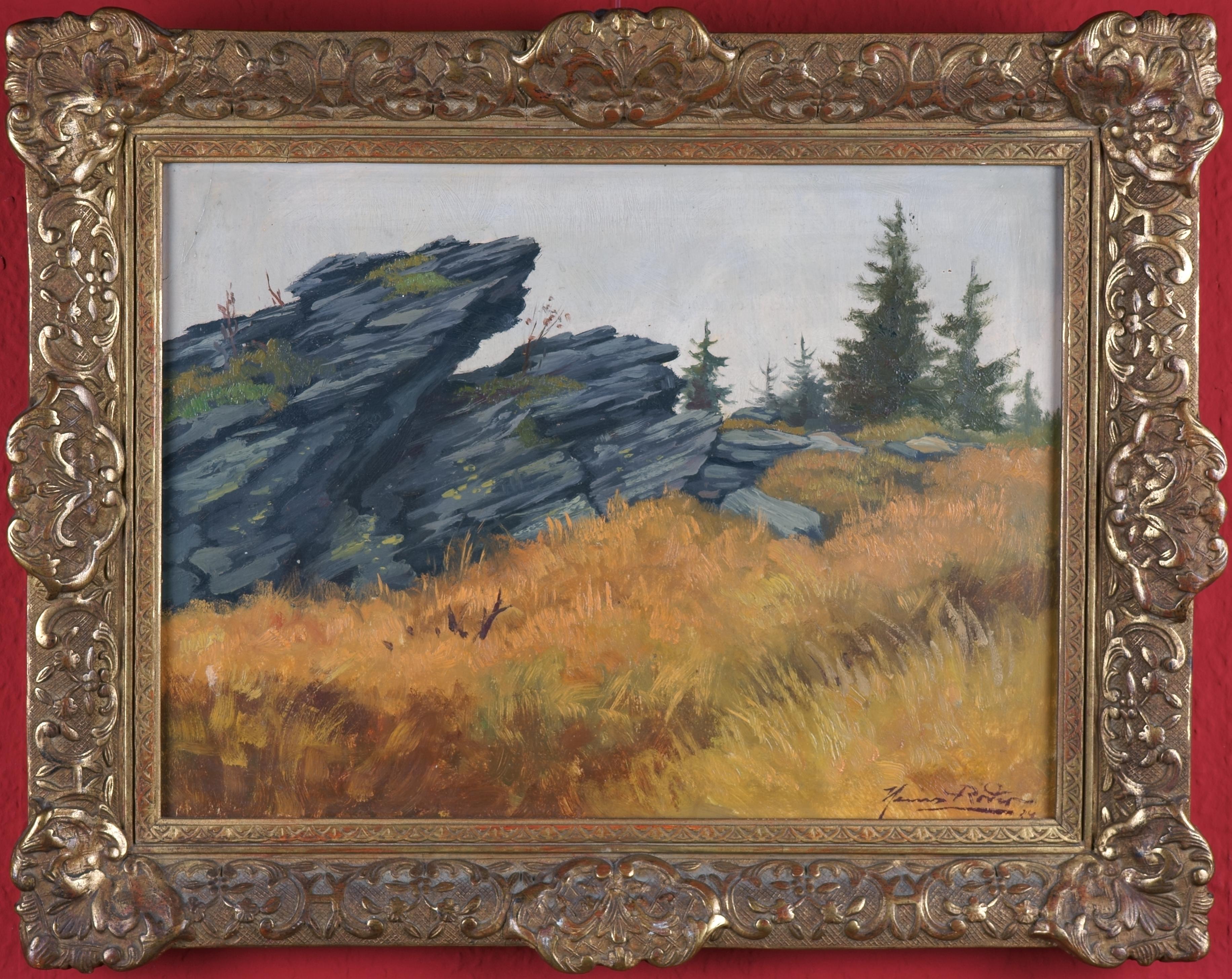 Low Mountain Landscape with Rocks - The mystery of an inconspicuous place - - Painting by Heinz Roder