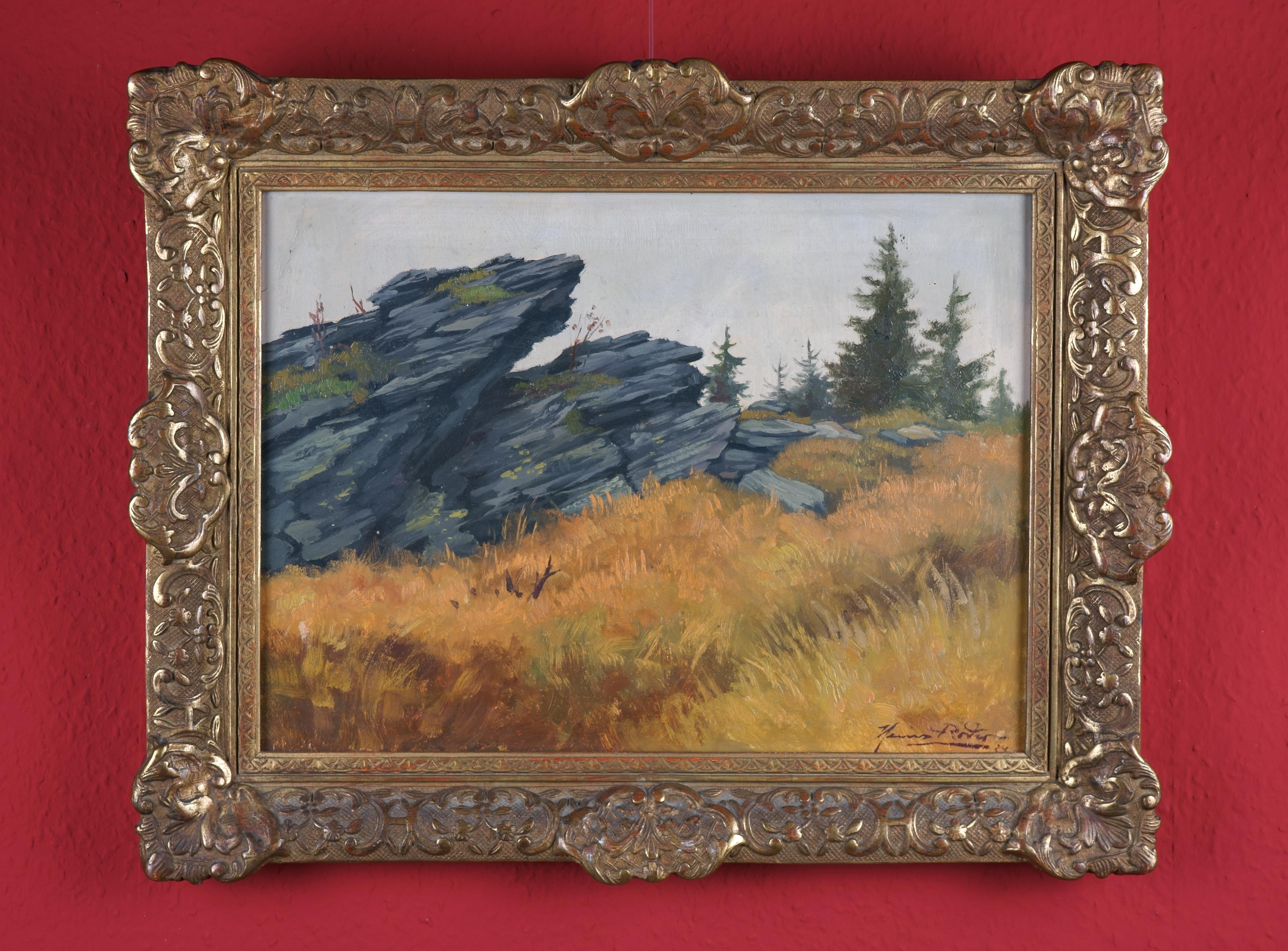 Low Mountain Landscape with Rocks - The mystery of an inconspicuous place - - Brown Landscape Painting by Heinz Roder