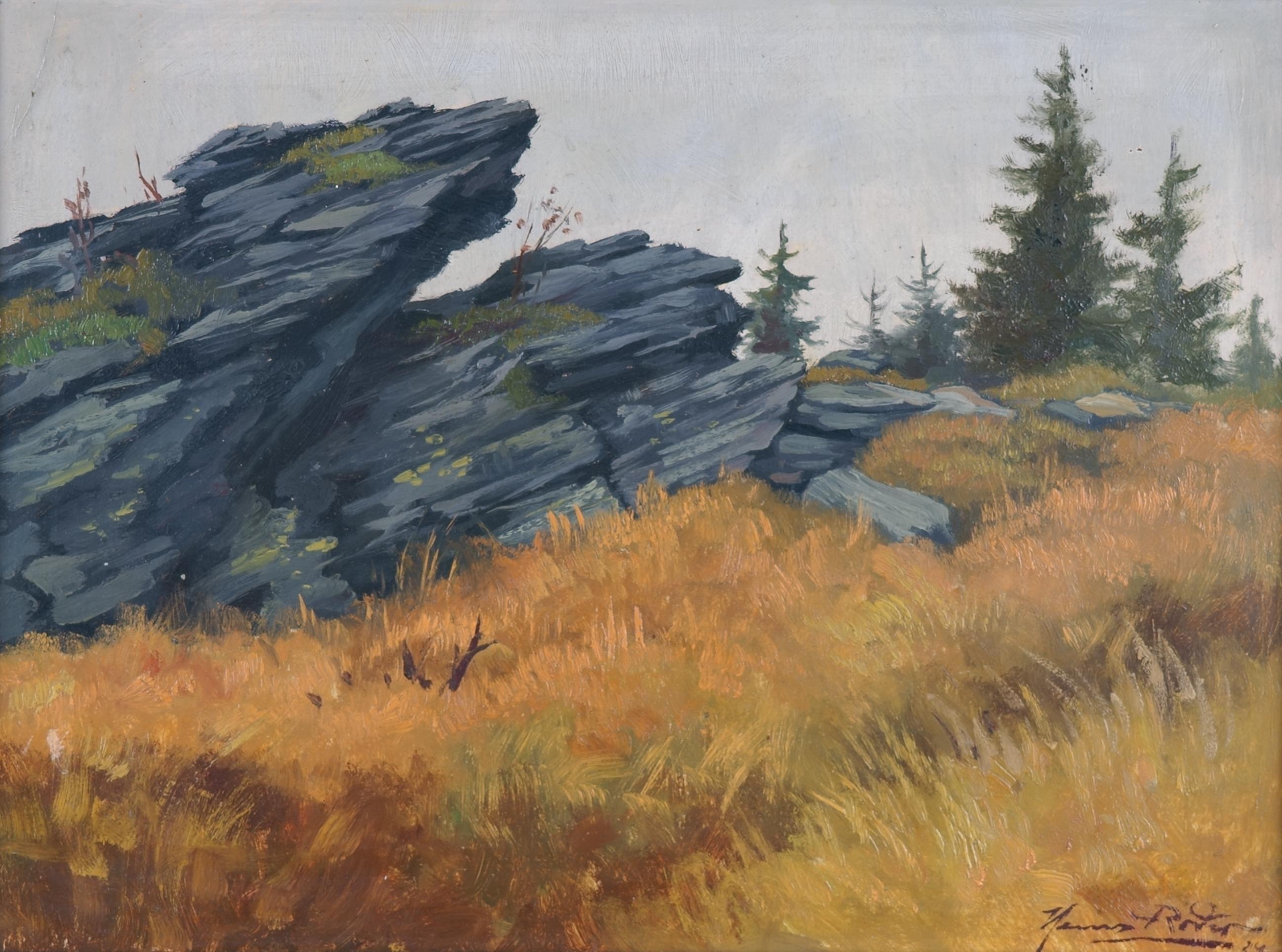 Heinz Roder Landscape Painting – Niedrige Berglandschaft mit Felsen – Das Geheimnis eines unbedeutenden Ortes –
