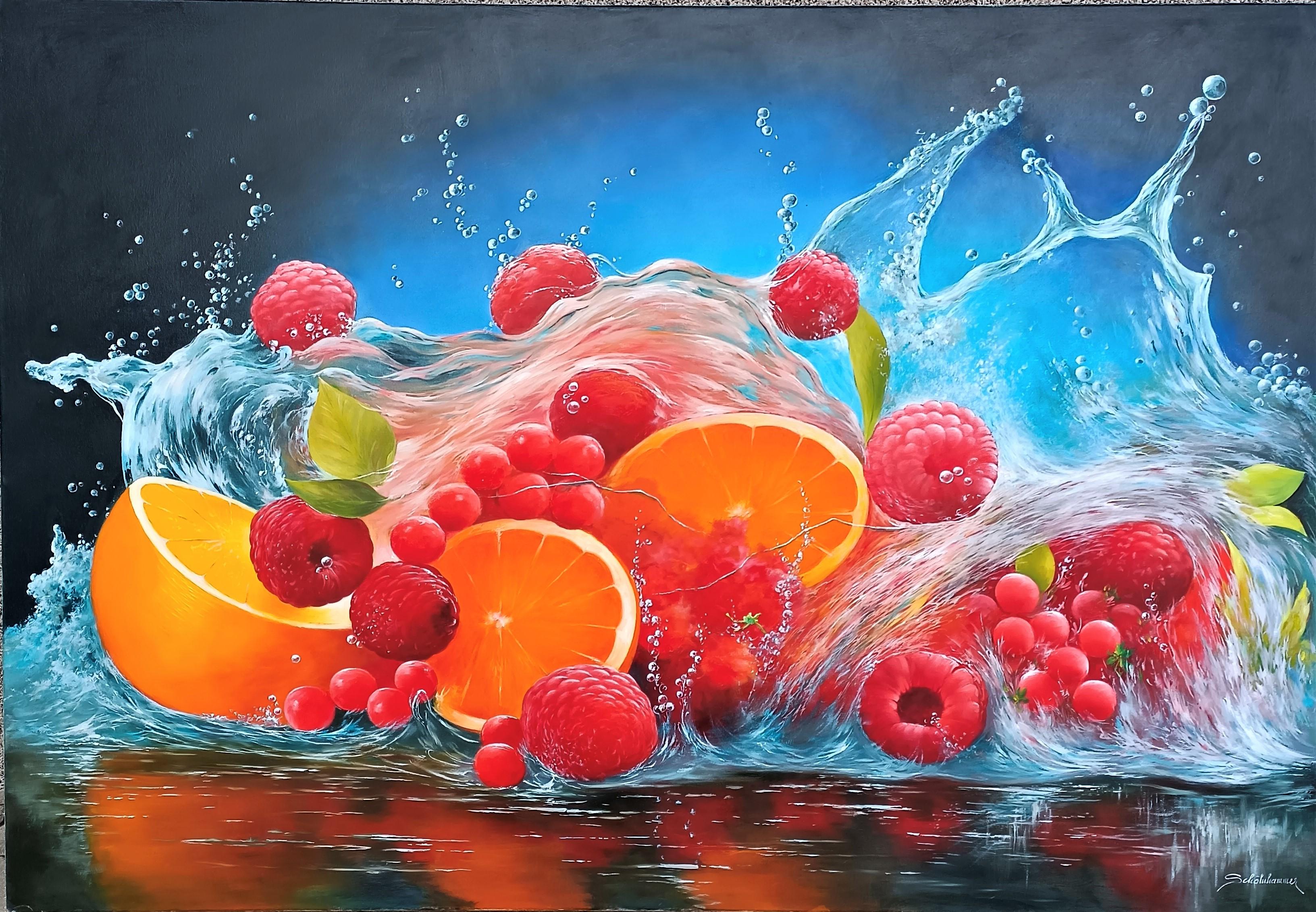 Fruit Splash - original realism still life painting - contemporary artwork