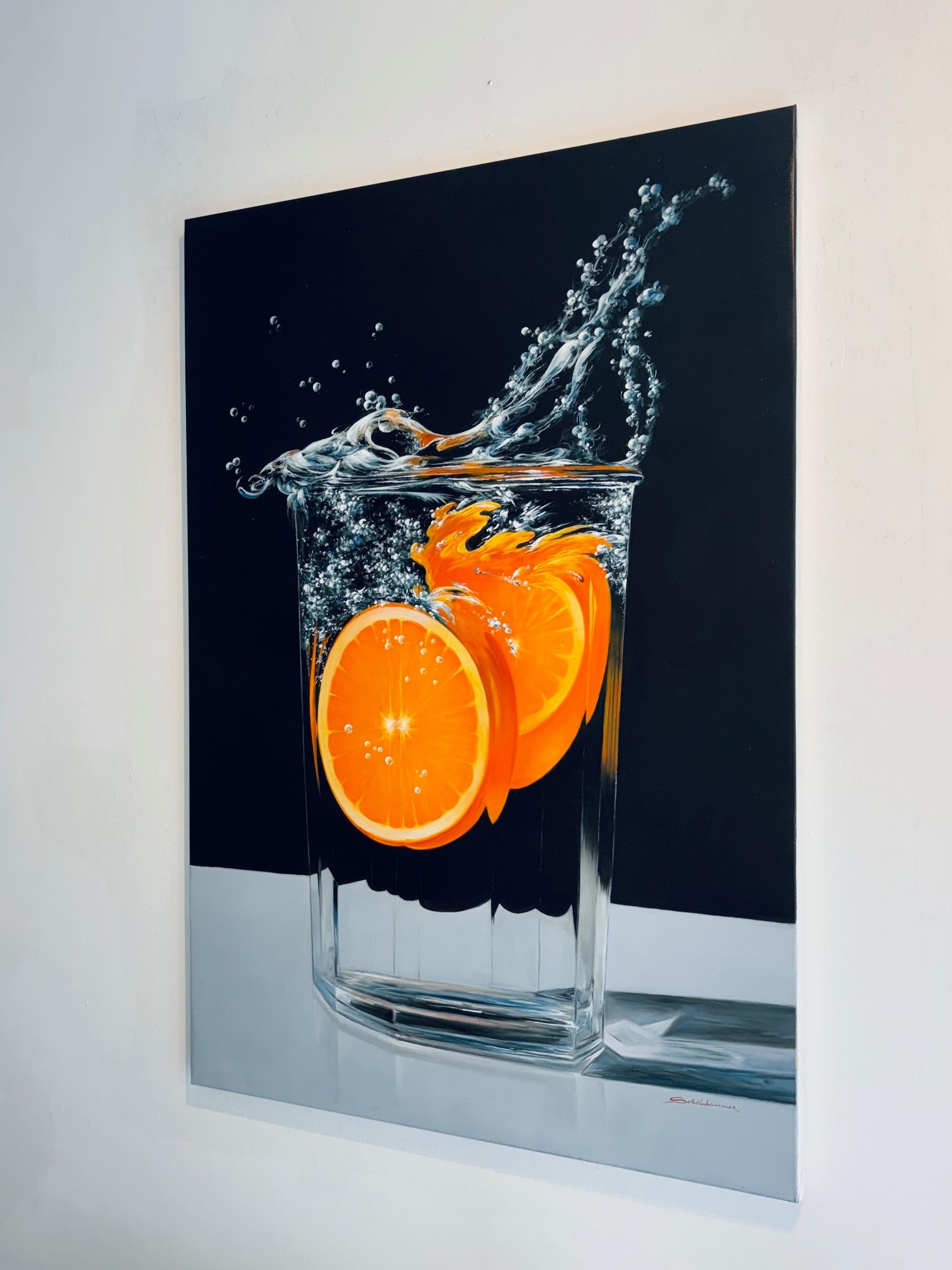 Lemon - peinture originale de nature morte réaliste - Art contemporain - Noir Still-Life Painting par Heinz Schönhammer