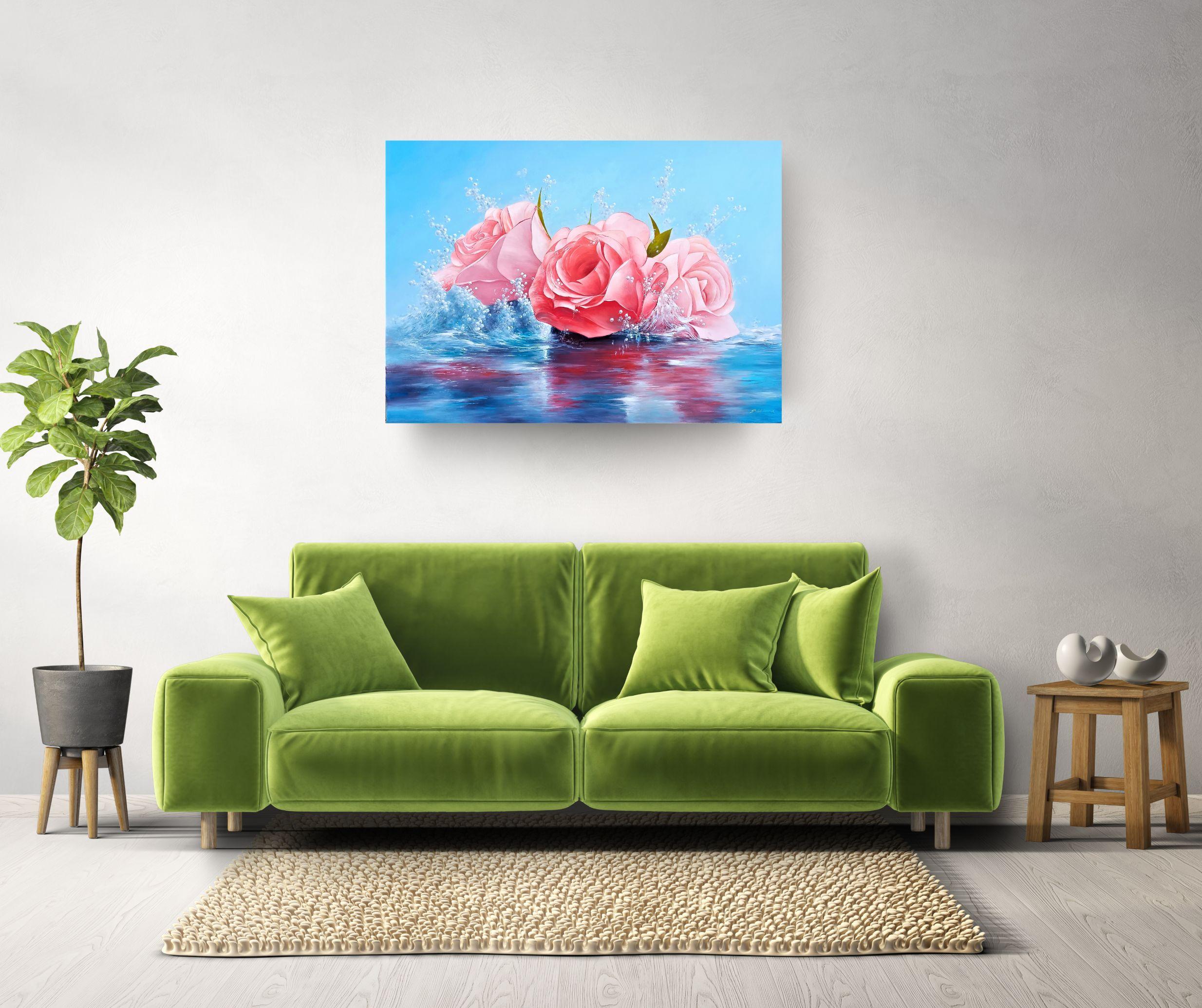 Roses Splash - original realism still life painting - contemporary artwork - Photorealist Painting by Heinz Schönhammer