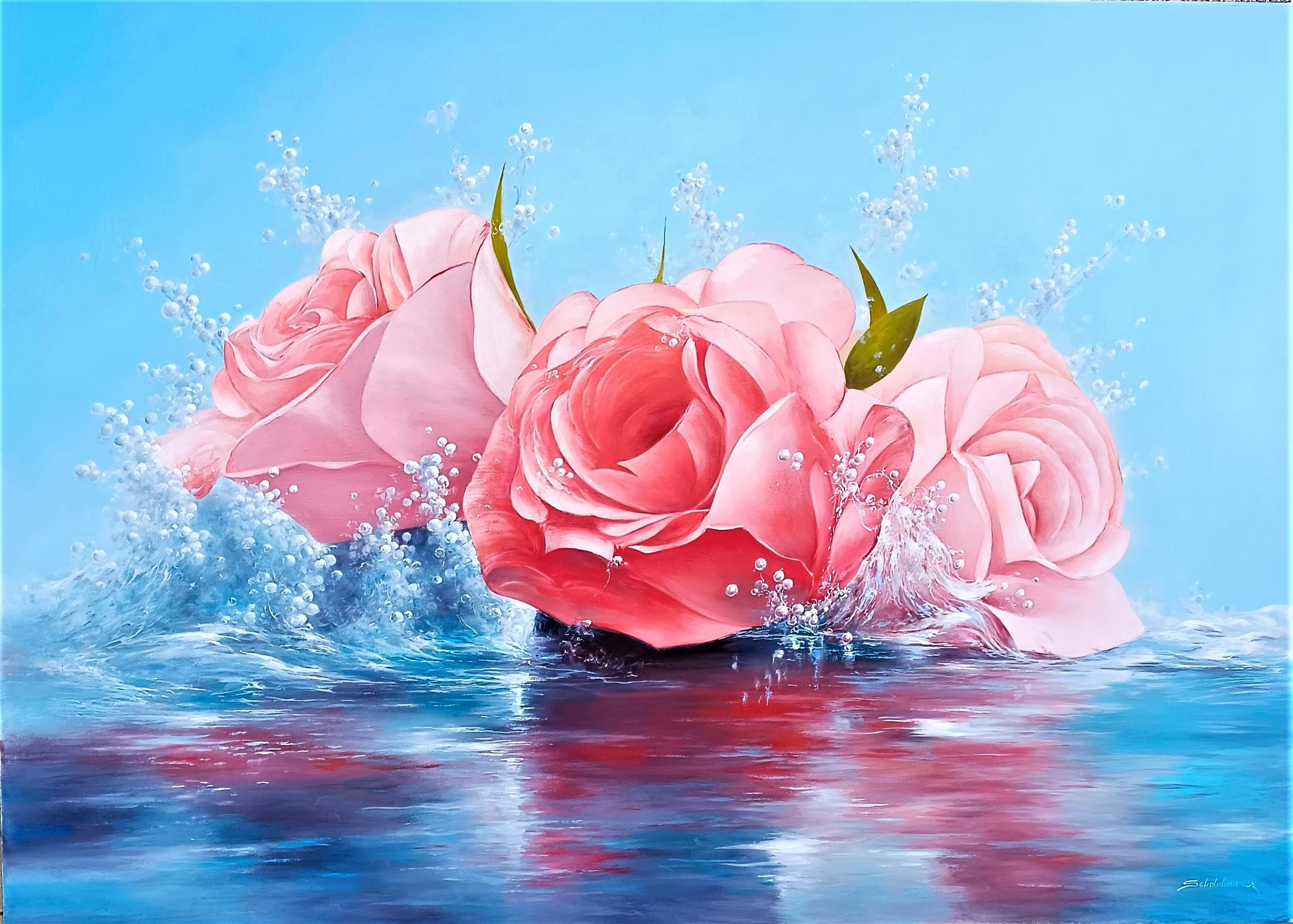 Roses Splash - original realism still life painting - contemporary artwork - Painting by Heinz Schönhammer