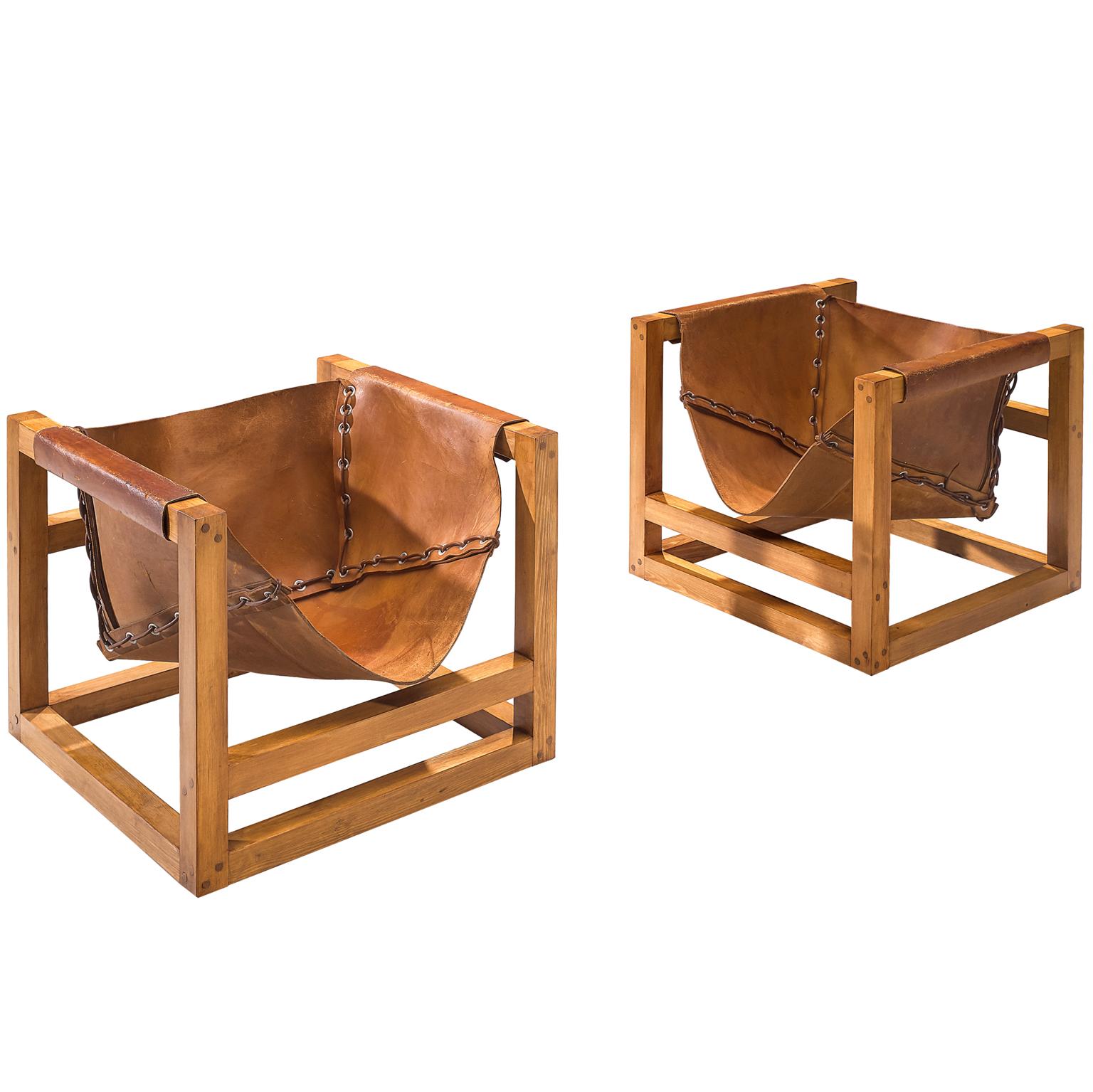 Heinz Witthoeft Leather and Pine 'Architail' Set of Lounge Chairs
