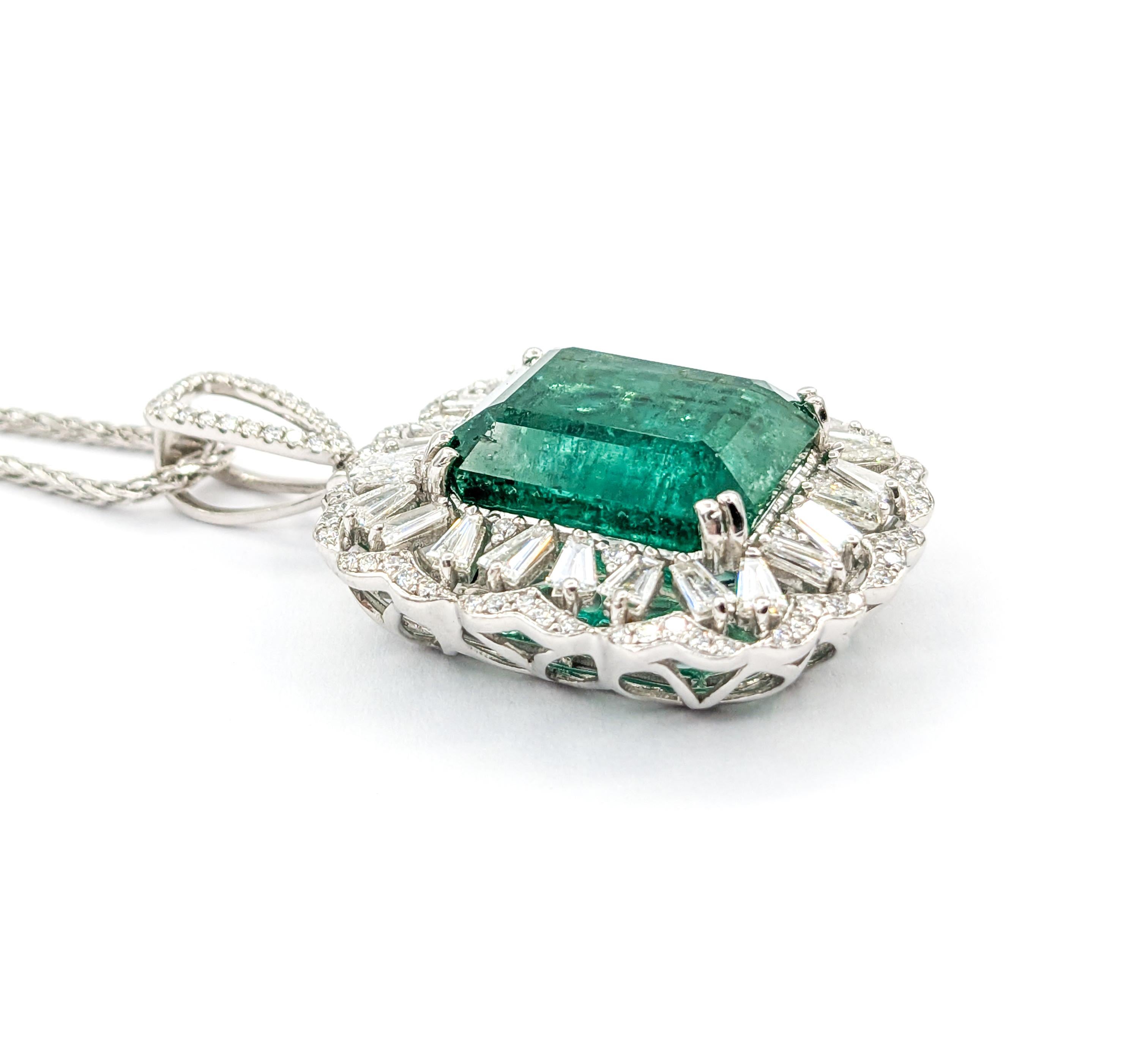 Emerald Cut Heirloom 16ct Natural Emerald & Diamond Pendant in Platinum