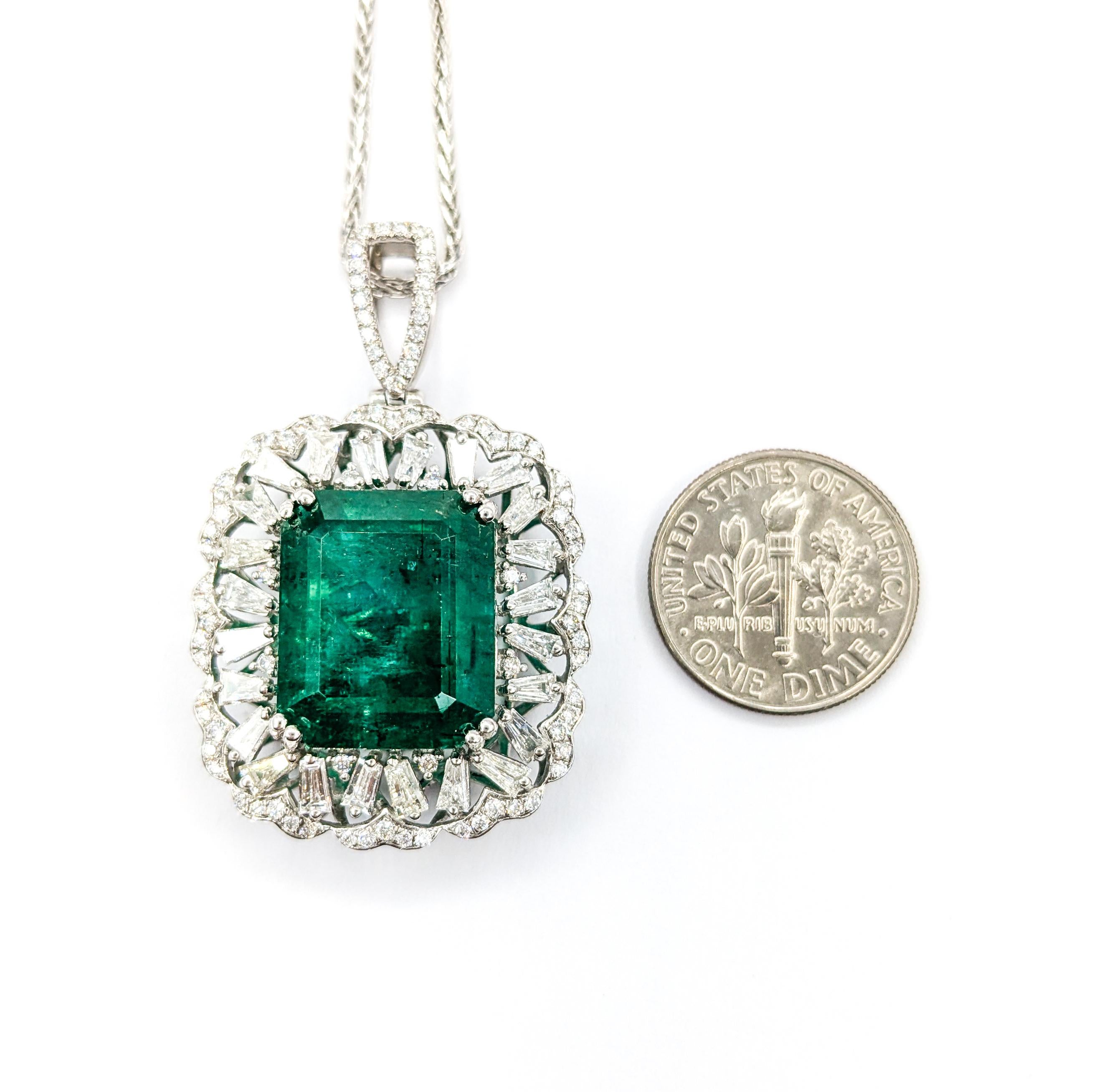 Heirloom 16ct Natural Emerald & Diamond Pendant in Platinum In Excellent Condition In Bloomington, MN