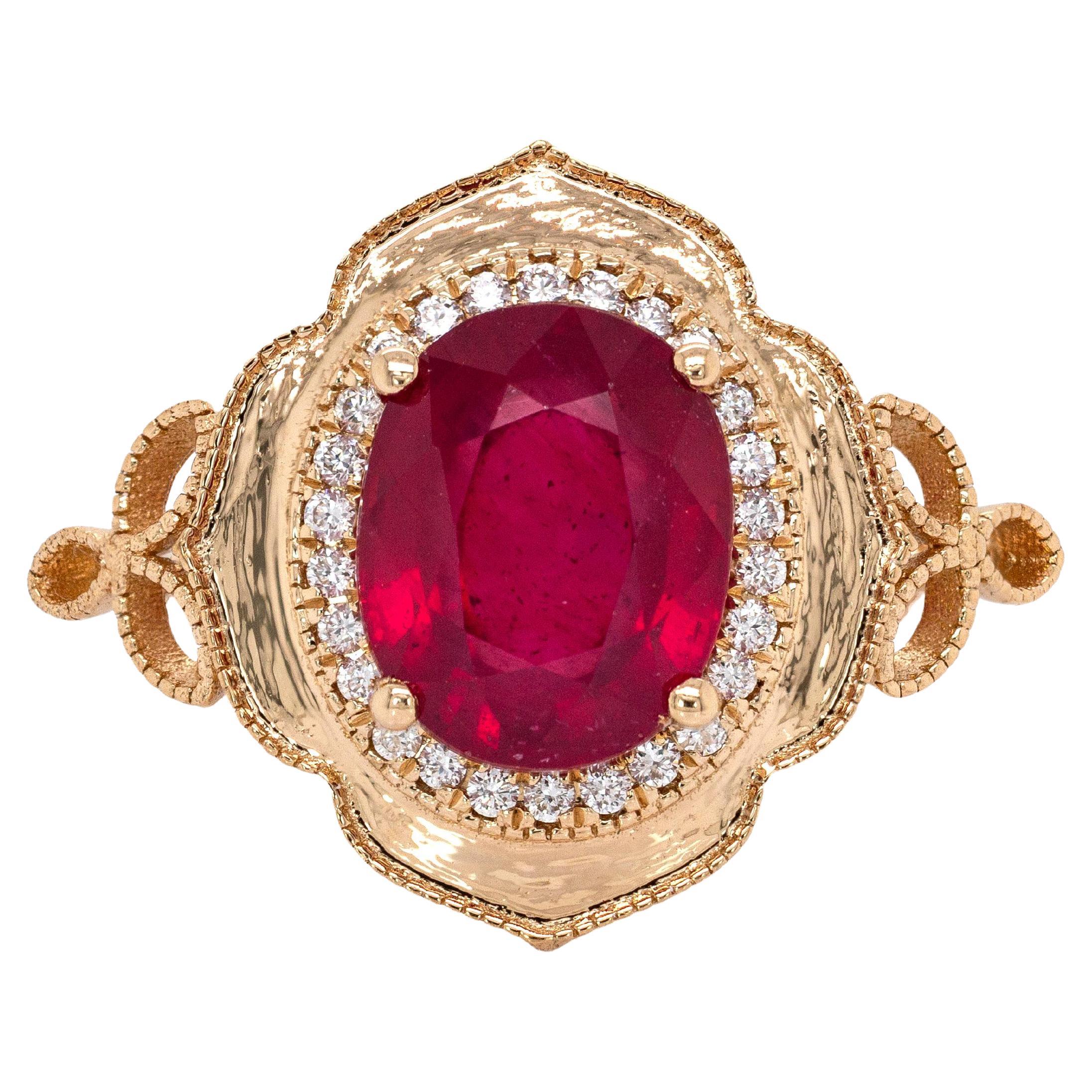 Heirloom 3.7cts Aussage Madagaskar Ruby Ring: Natürliche Diamanten, 14K Solid Gold