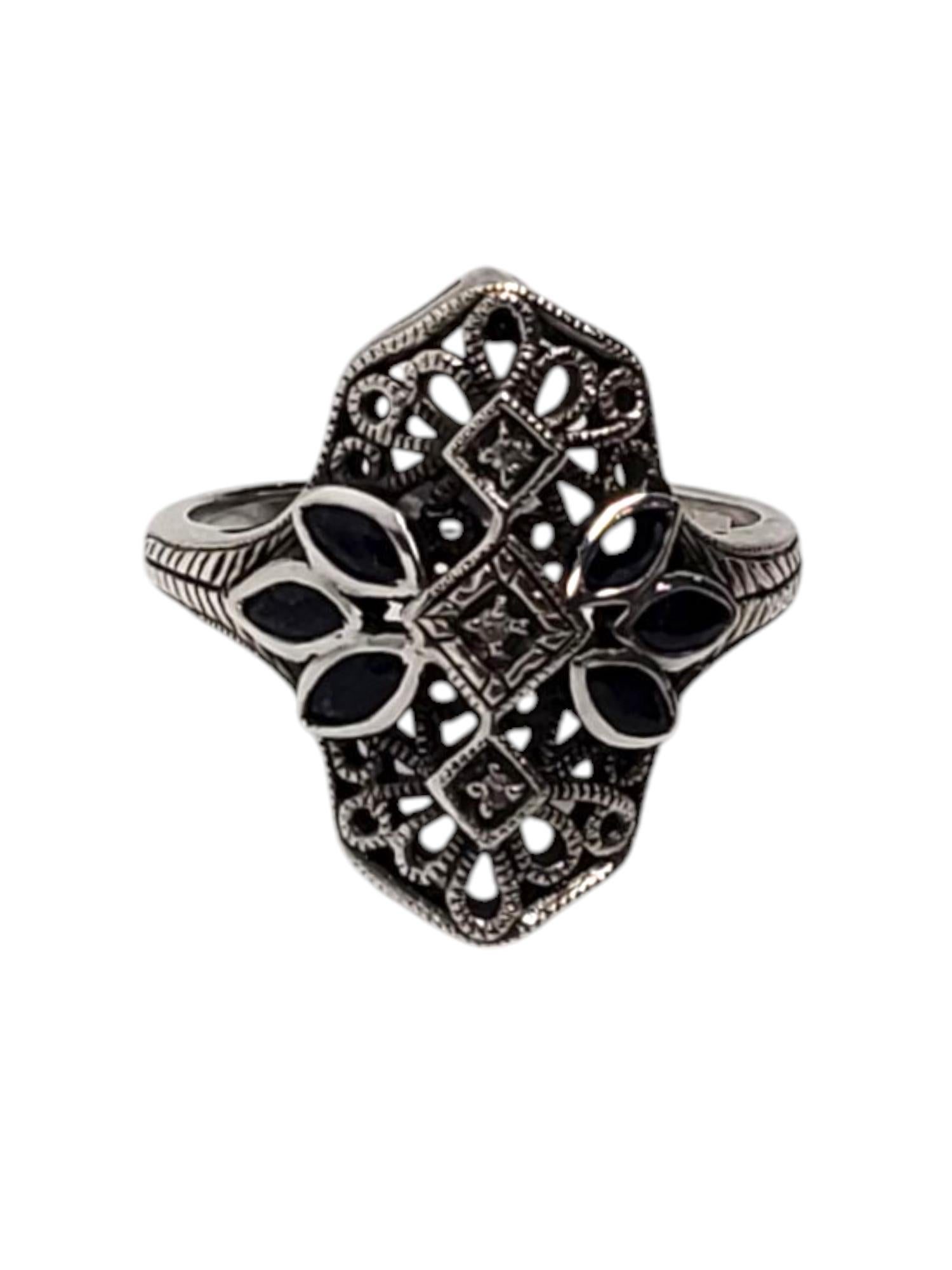 Heirloom 73 Sterling Silver Sapphire & Diamond Filigree Ring Size 8 #20946
