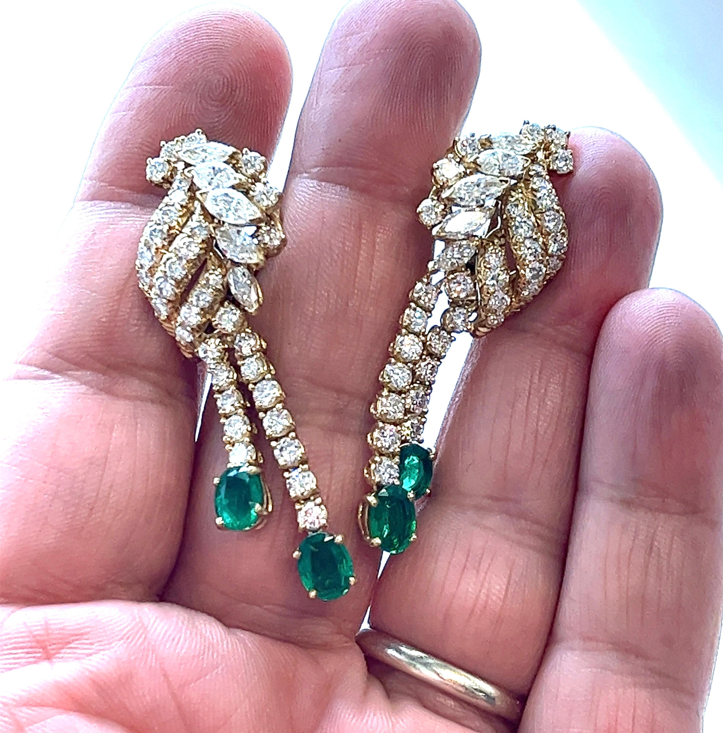 Marquise Cut Heirloom 9.75 Carats Diamond Emerald Waterfall Earring, 18kt Italy, 1970's For Sale