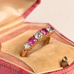Victorian Engagement Ring. Antique Ruby and Diamond 6 Stone 18K Yellow Gold Ring