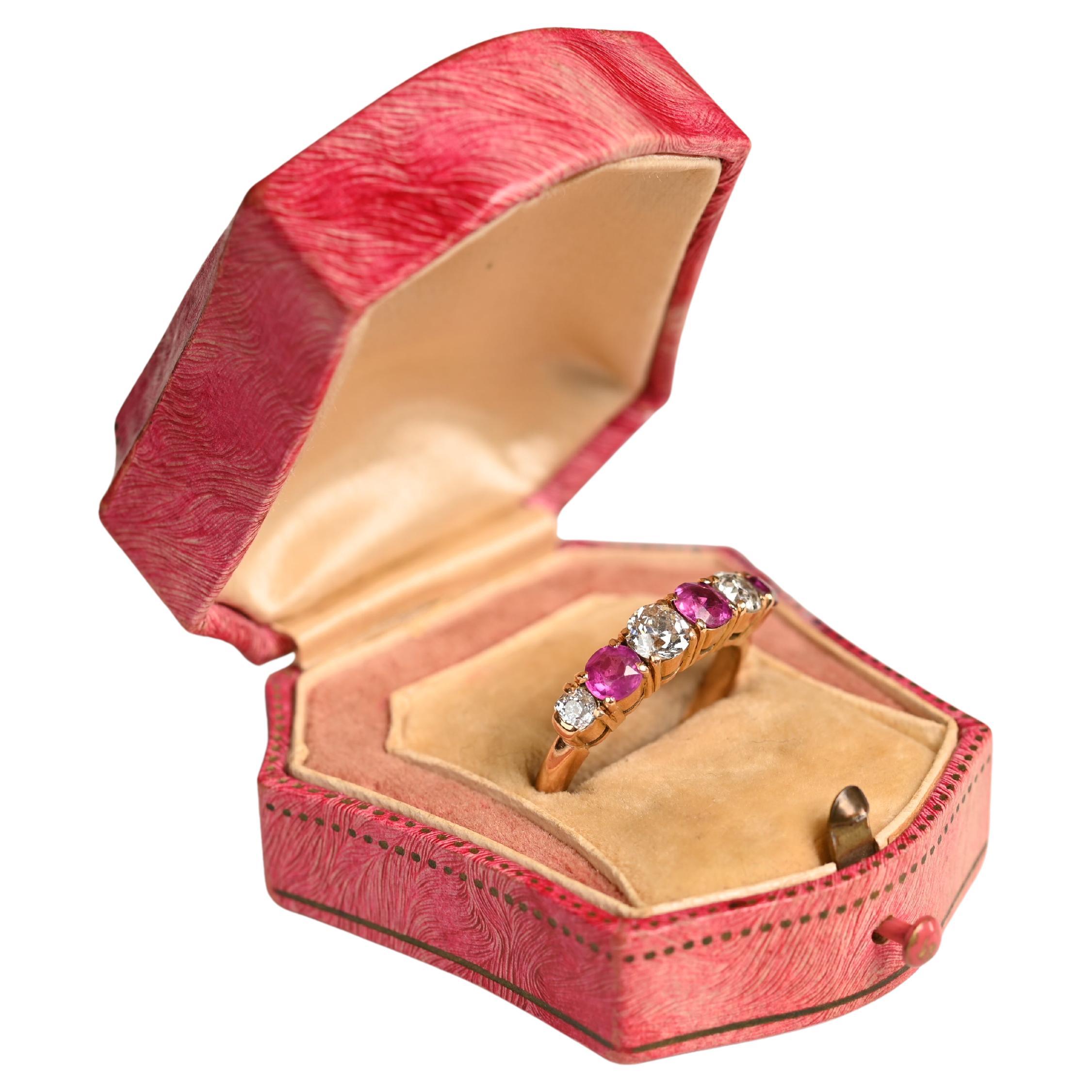Victorian Engagement Ring. Antique Ruby and Diamond 6 Stone 18K Yellow Gold Ring For Sale
