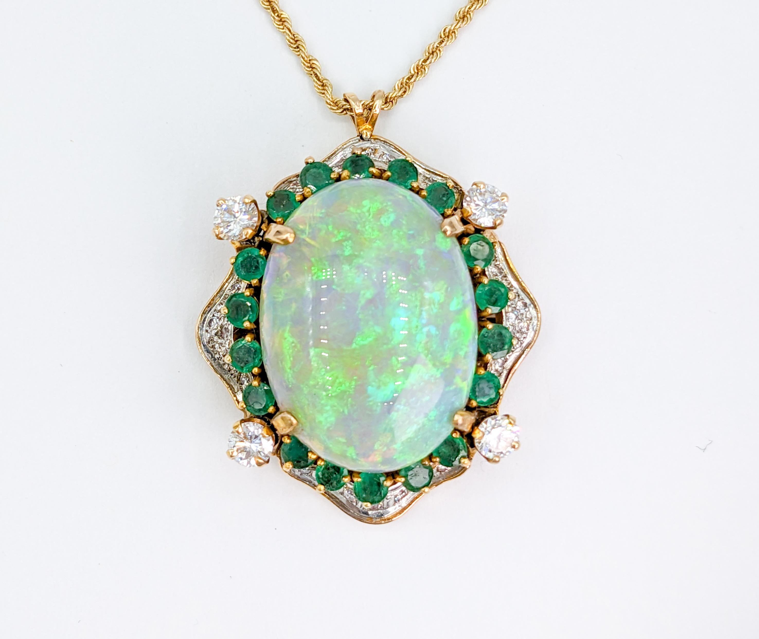 Heirloom Statement Opal, Diamond & Emerald Yellow Gold Pendant

Experience the allure of this stunning Pendant, beautifully designed in 14 karat yellow gold. It spotlights an impressive 1.25 carat total weight of Round Diamonds that glimmer with