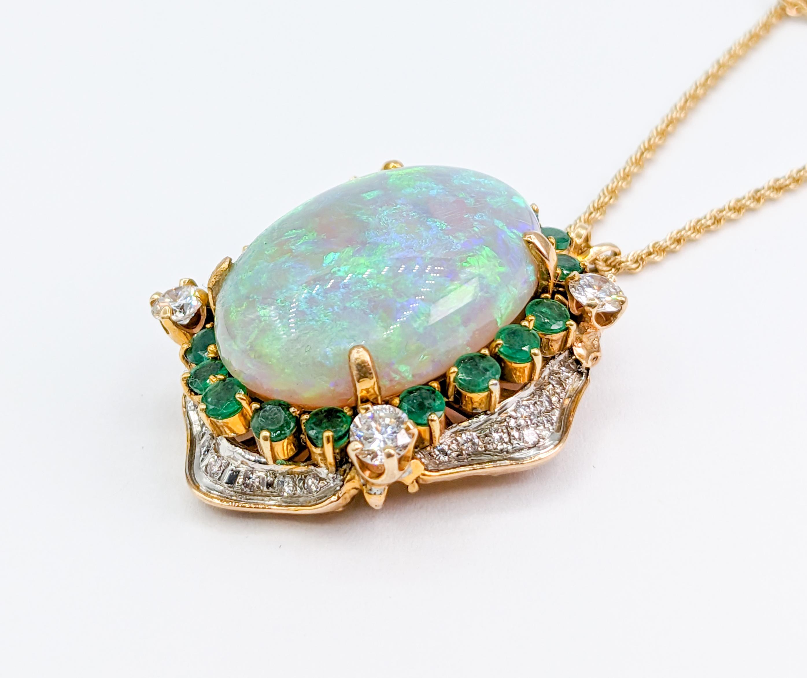Round Cut Heirloom Statement Opal, Diamond & Emerald Yellow Gold Pendant For Sale