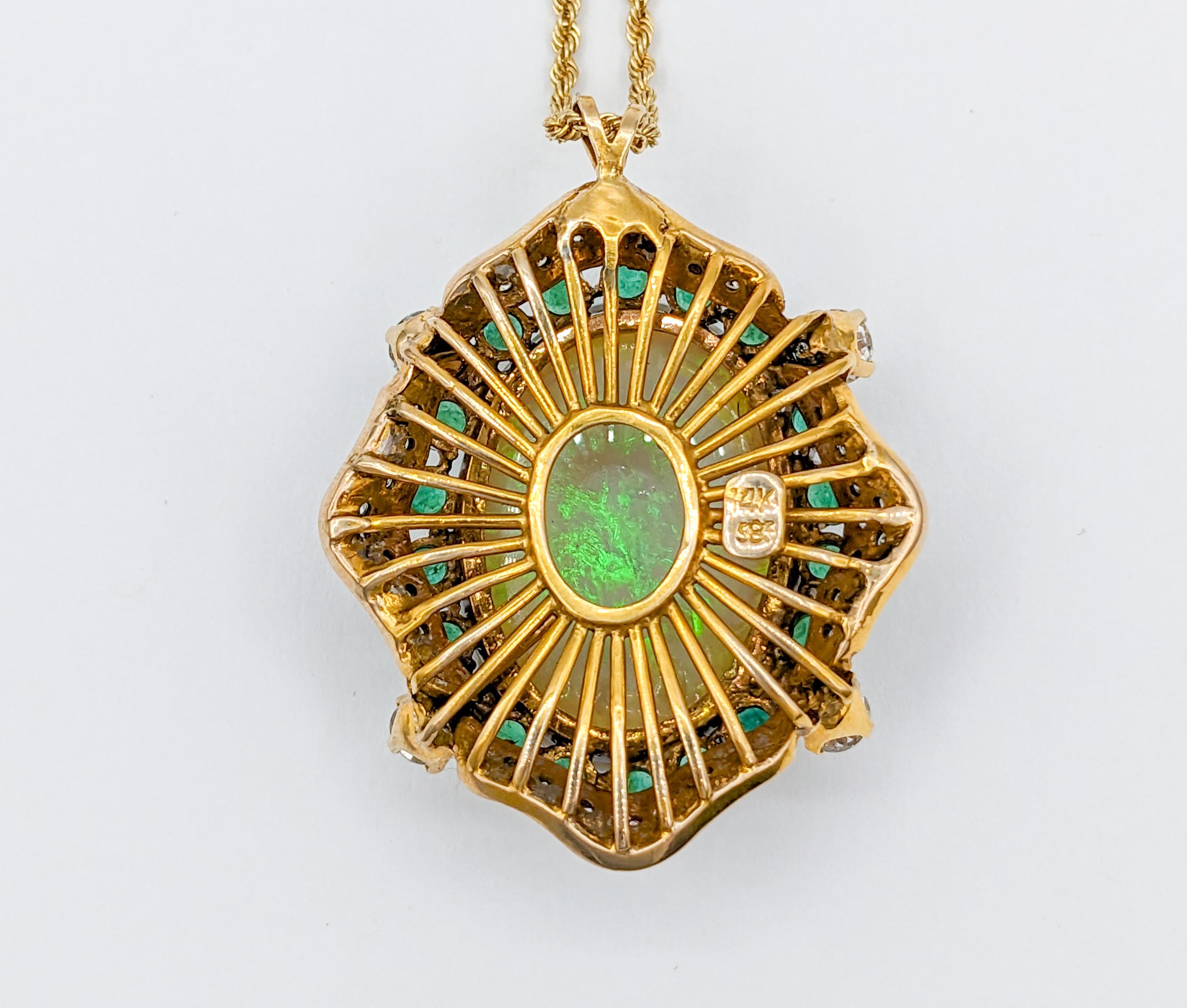 Women's or Men's Heirloom Statement Opal, Diamond & Emerald Yellow Gold Pendant For Sale