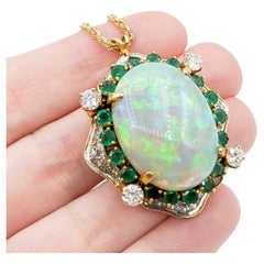 Vintage Heirloom Statement Opal, Diamond & Emerald Yellow Gold Pendant