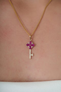 Heirloom Style Ruby Flower Key Pendant with Diamond 1.02ct in 14K Yellow Gold