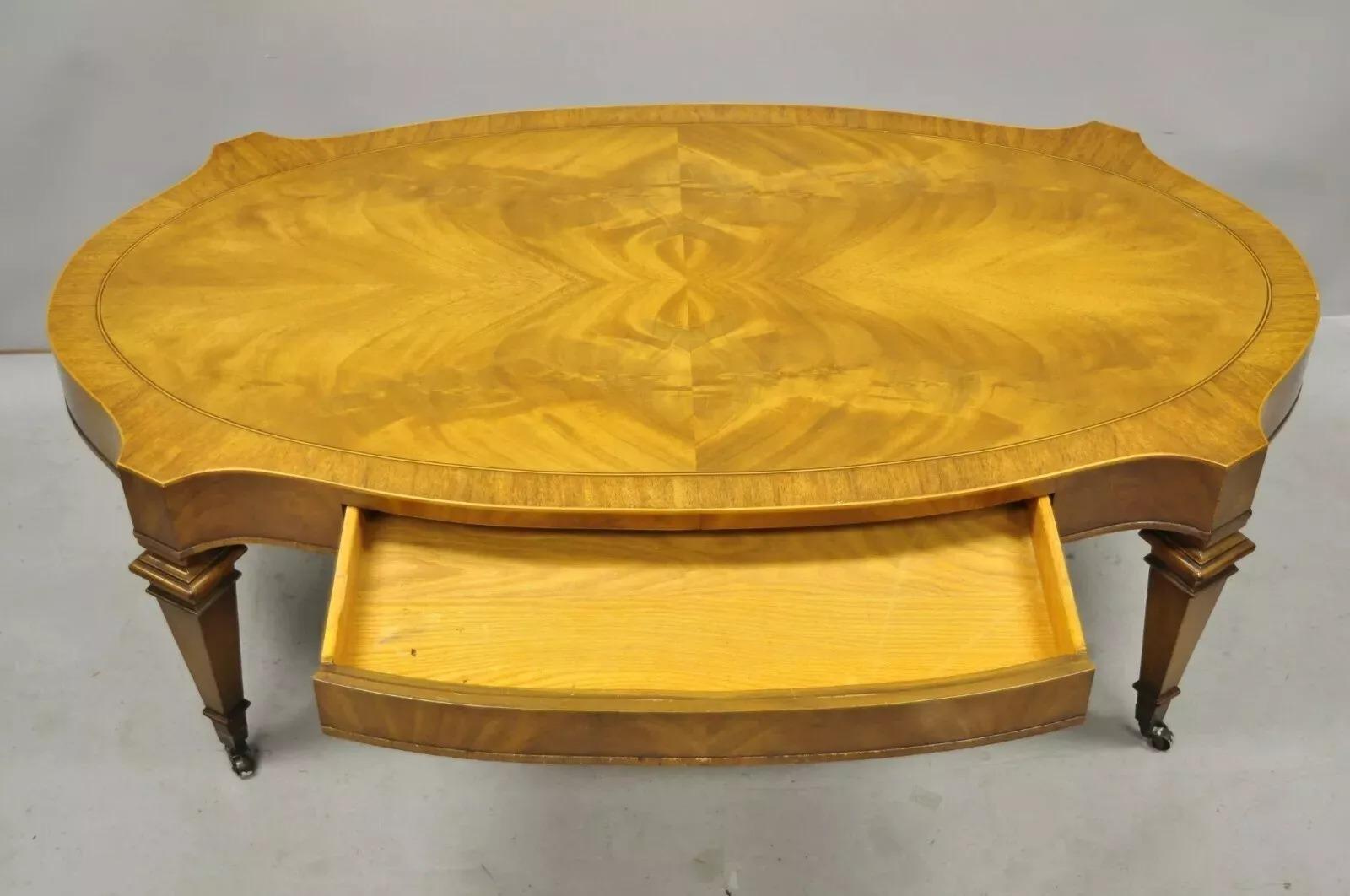 20th Century Heirloom Weiman Regency Style Flamed Mahogany One Drawer Coffee Table on Casters For Sale