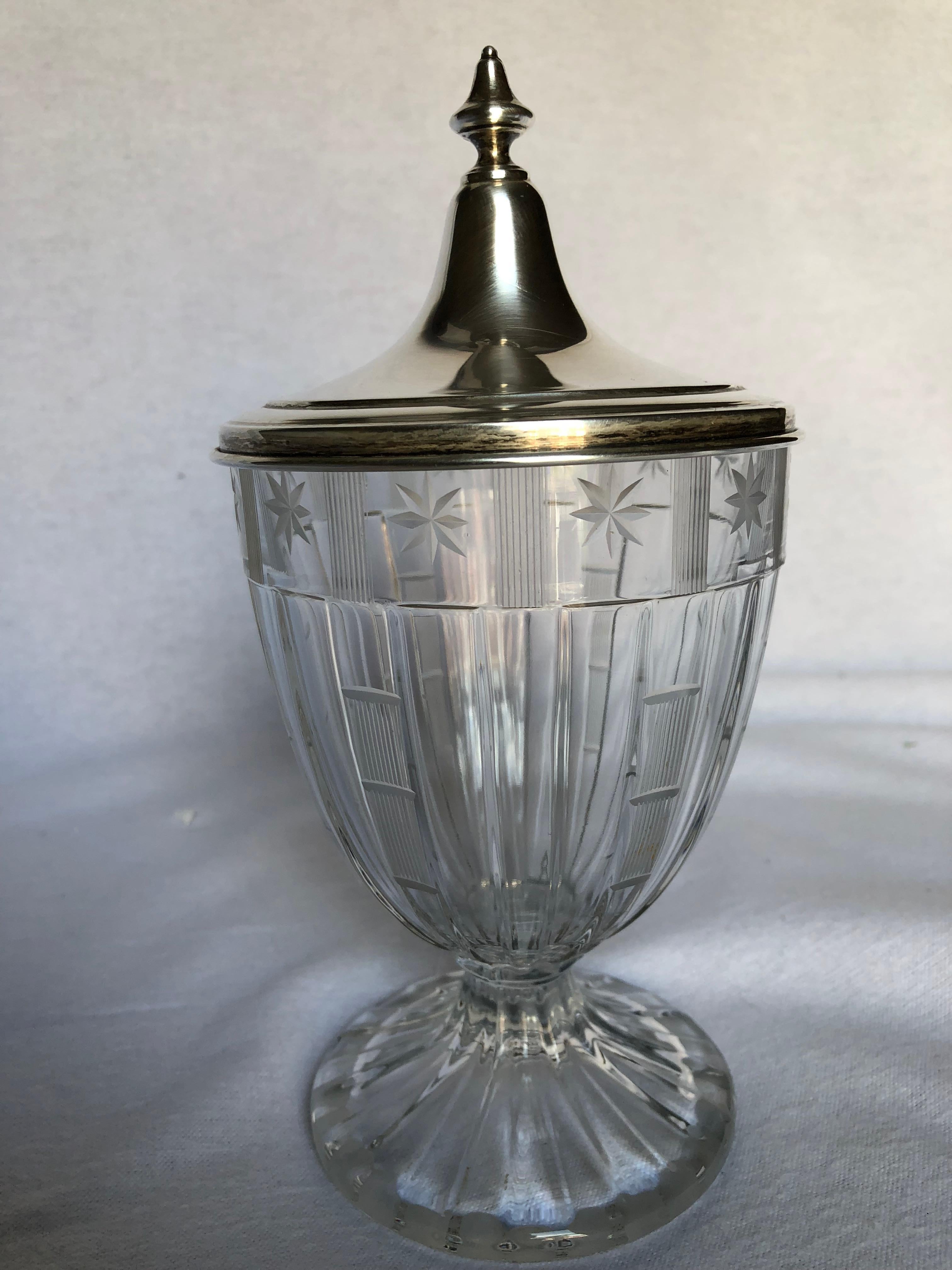 Neoclassical Heisy Glass Jar with Sterling Silver Lid For Sale