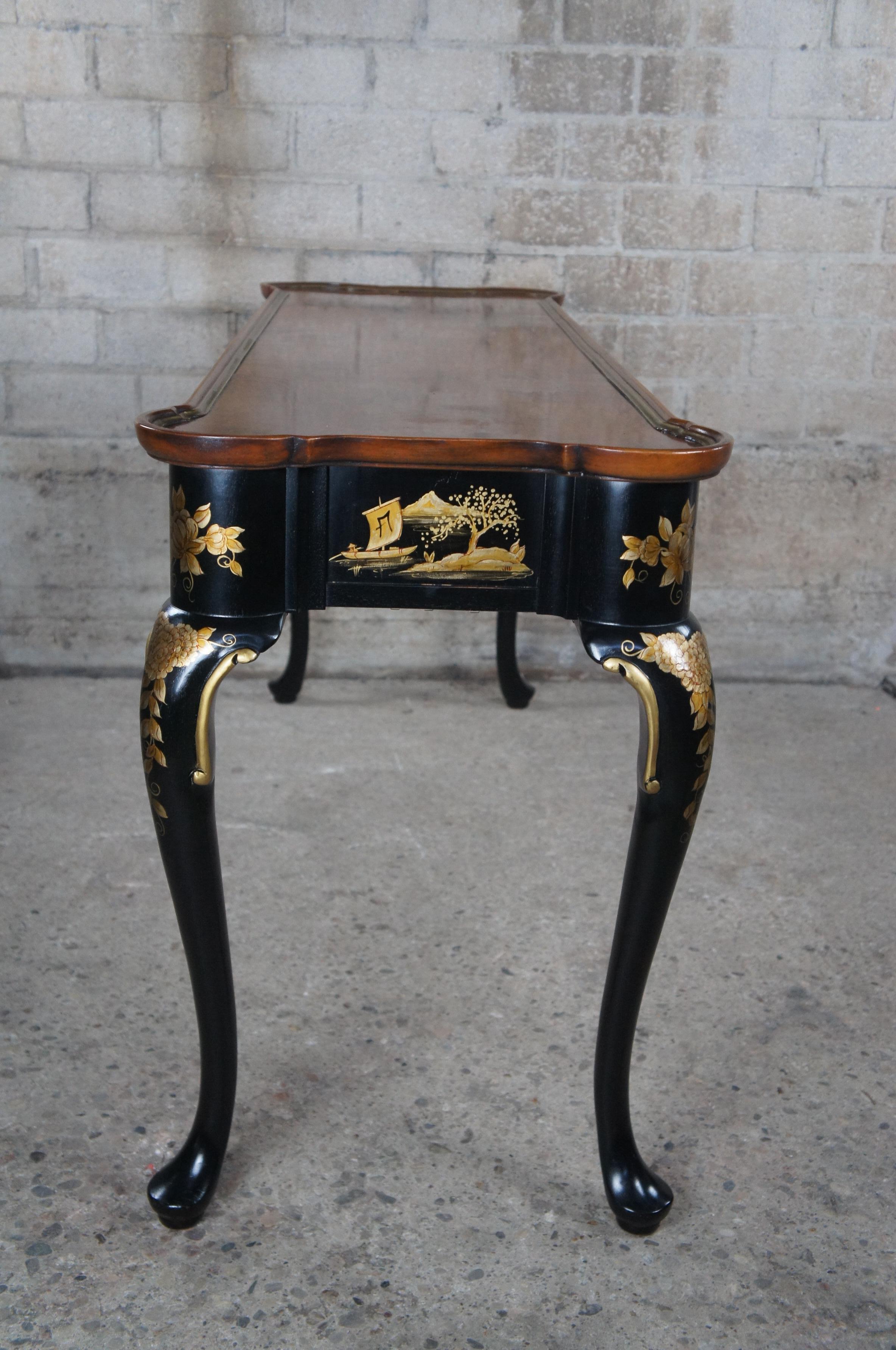 Hekman Black Lacquer Chinoiserie Walnut Burl Console Hall Sofa Table Queen Anne 4