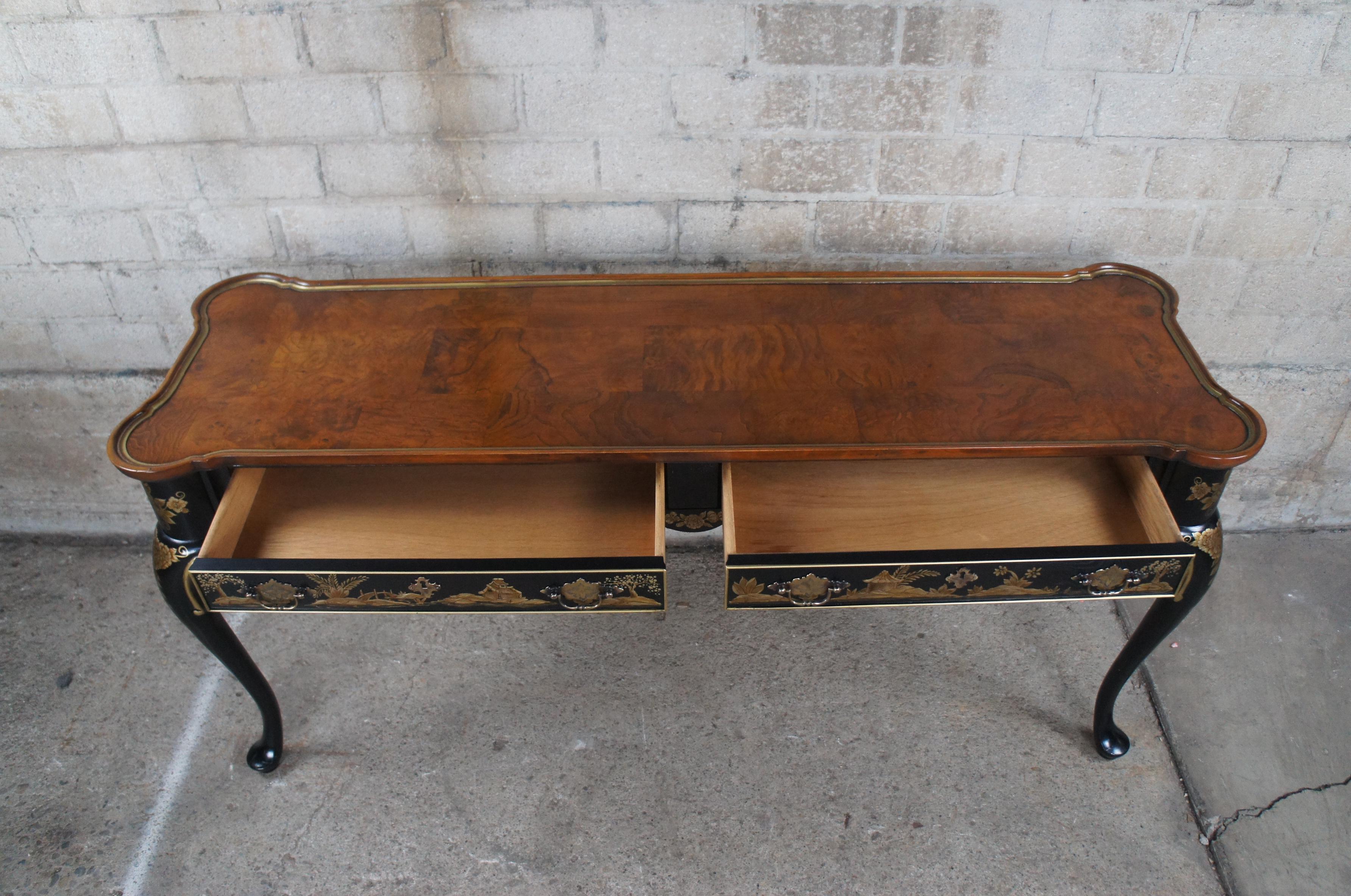 Late 20th Century Hekman Black Lacquer Chinoiserie Walnut Burl Console Hall Sofa Table Queen Anne