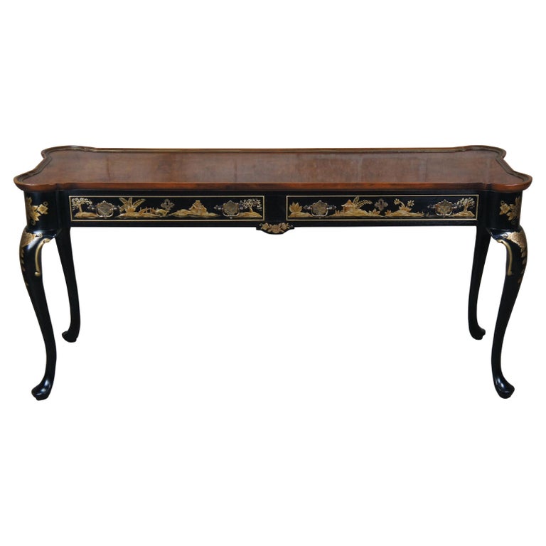 Hekman Black Lacquer Chinoiserie Walnut Burl Console Hall Sofa Table