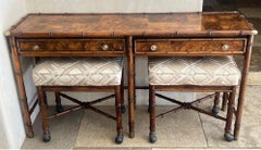 Hekman Burl Wood, Faux Bamboo Console With Nesting Stools & Brass Accents