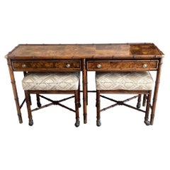 Hekman Burl Wood, Faux Bamboo Console With Nesting Stools & Brass Accents