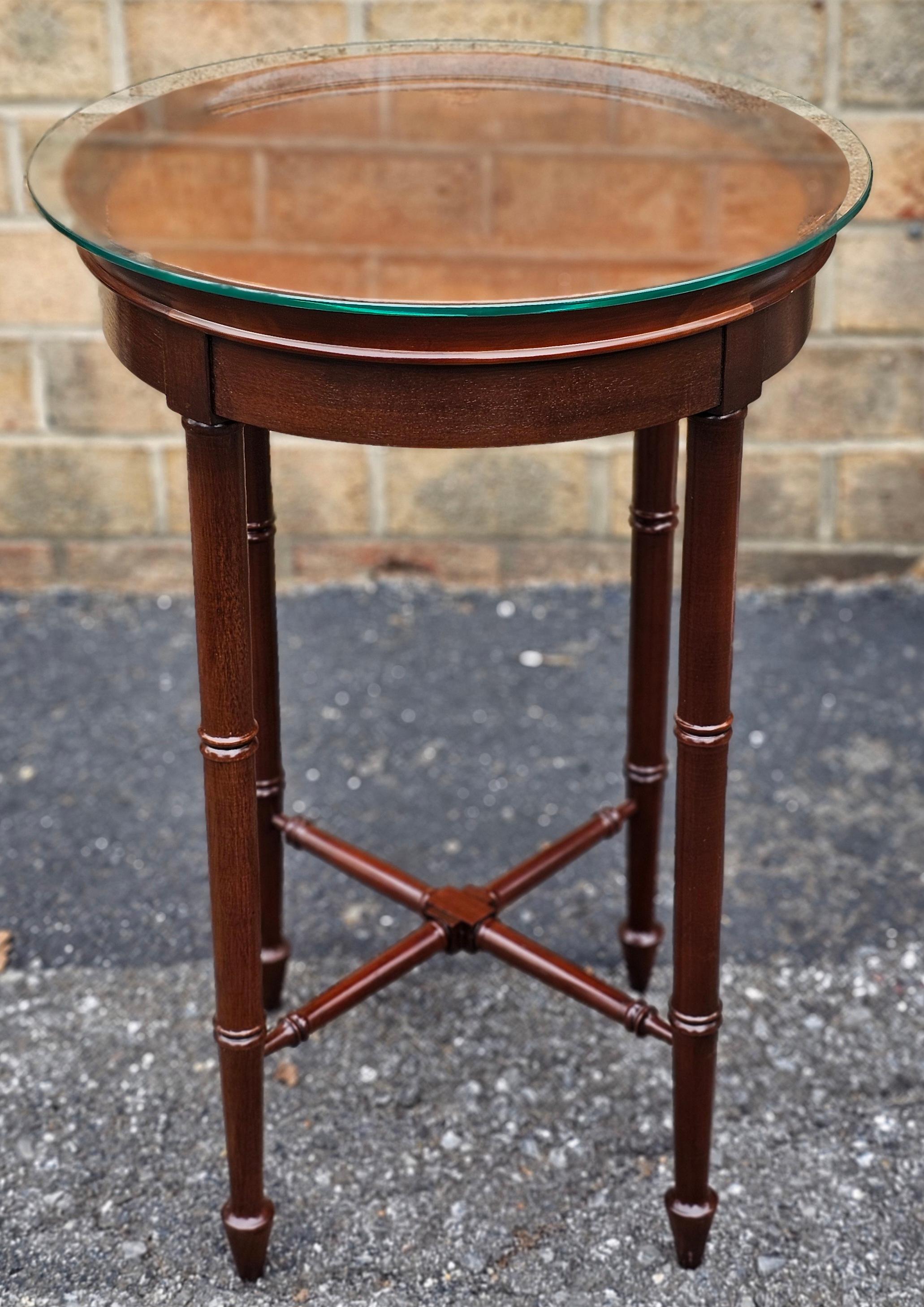 Stained Hekman Cherry Bookmatched Faux-Bamboo Round Candle Stand with Protective Glass For Sale
