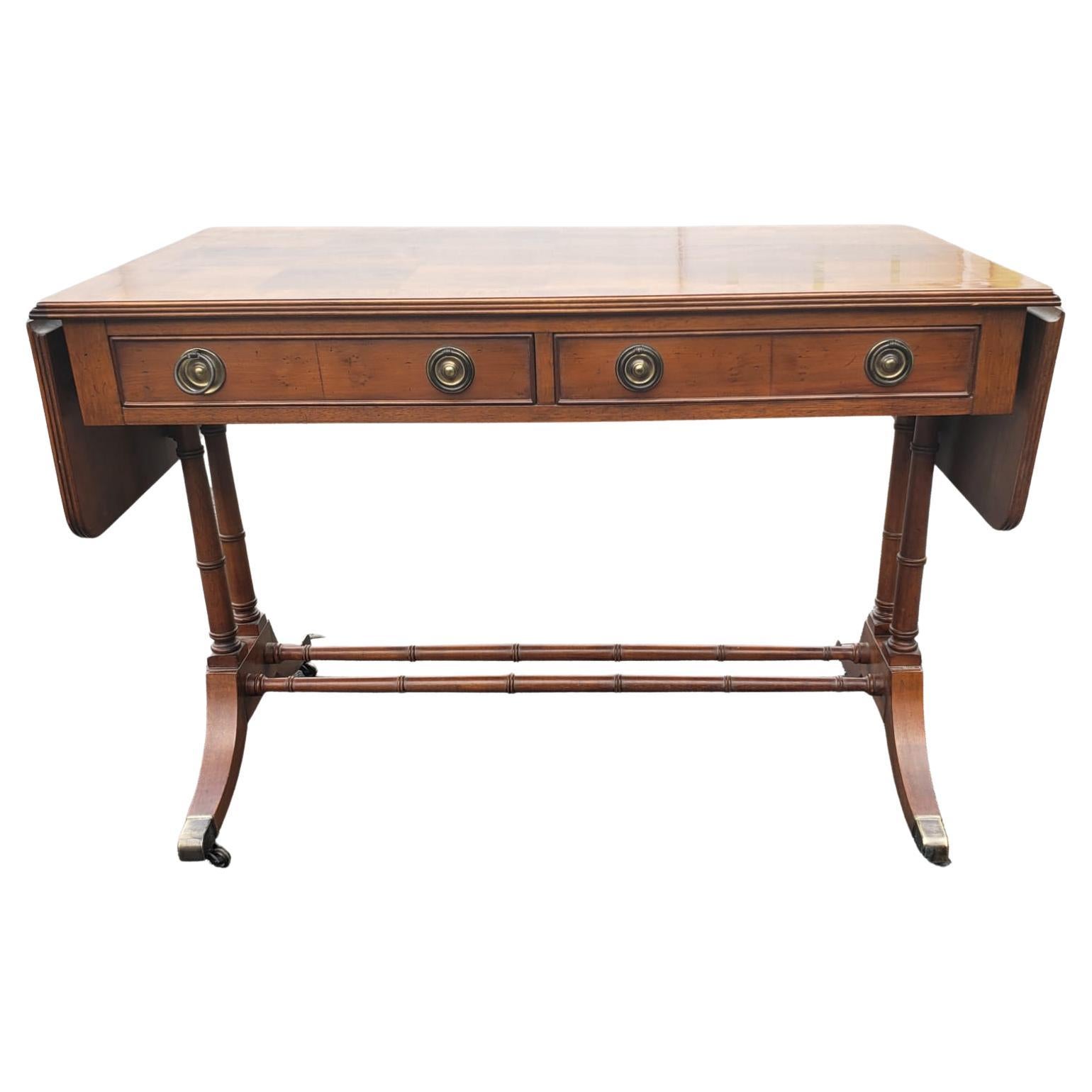 Mid-Century Modern Hekman Drop-Leaf Marquetry Bookmatched 2-Drawer Writing Desk on Wheels