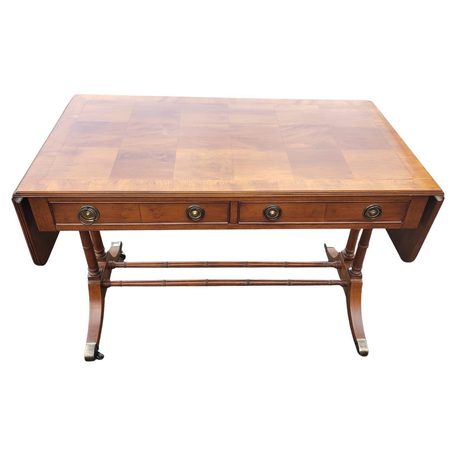 American Hekman Drop-Leaf Marquetry Bookmatched 2-Drawer Writing Desk on Wheels