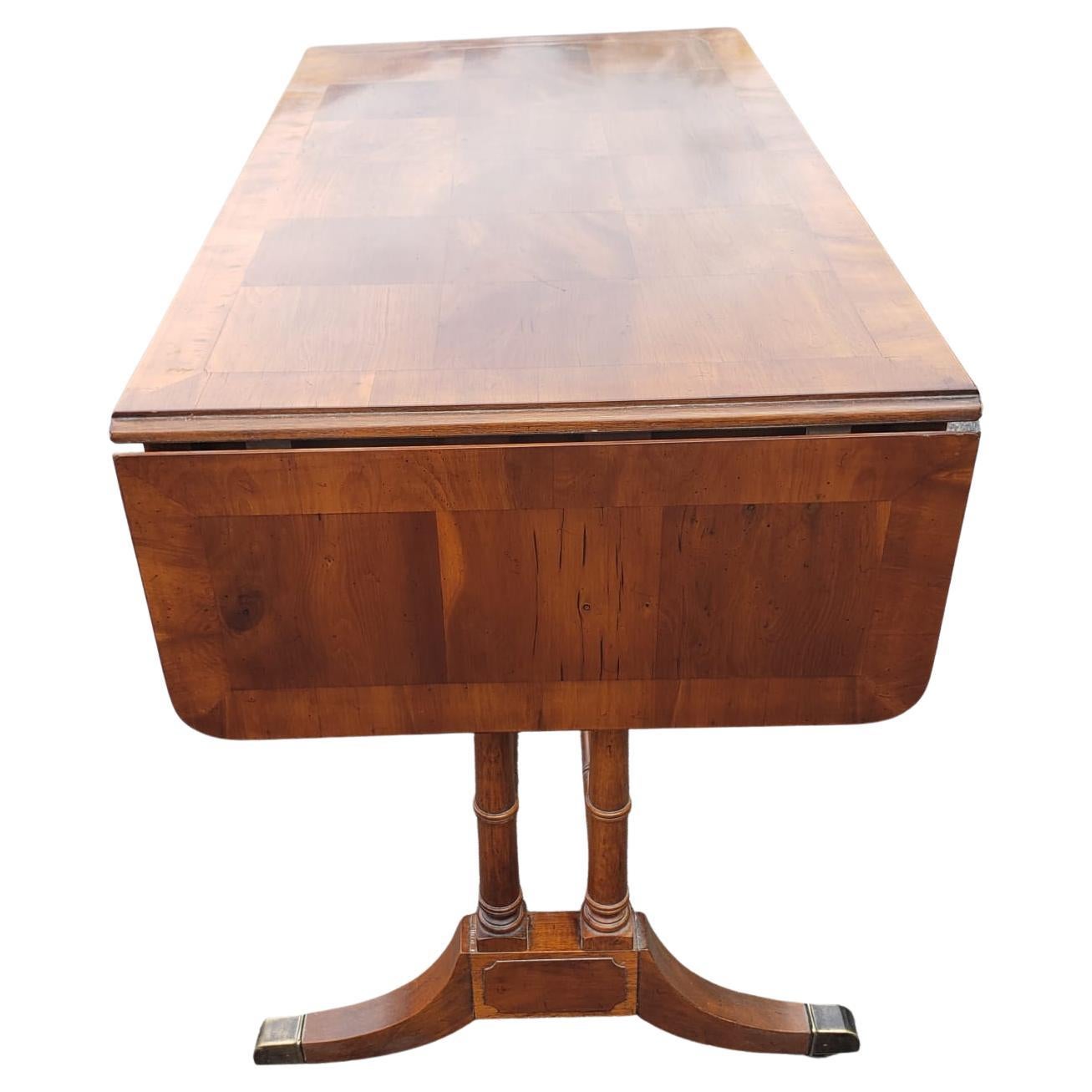Varnished Hekman Drop-Leaf Marquetry Bookmatched 2-Drawer Writing Desk on Wheels