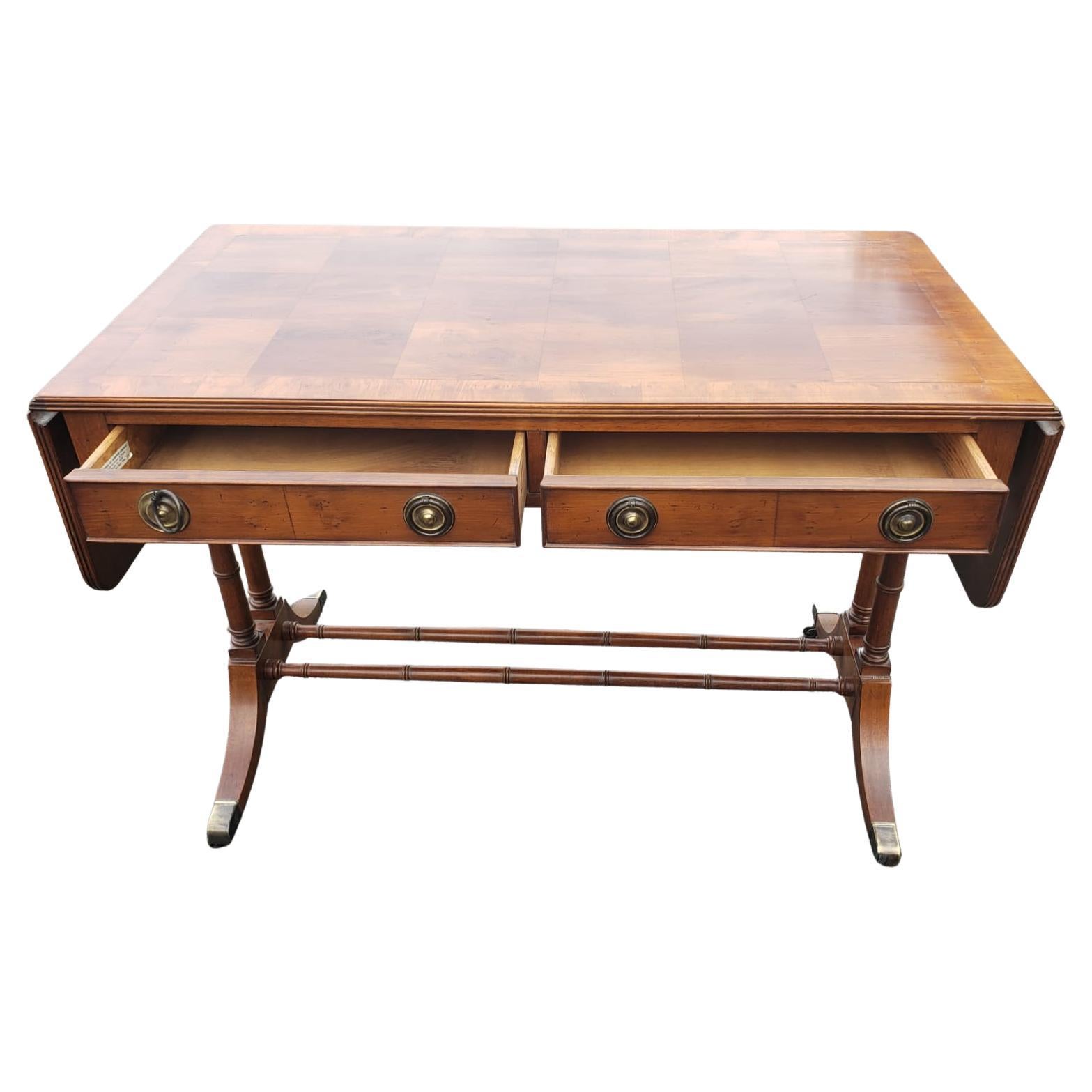 Hekman Drop-Leaf Marquetry Bookmatched 2-Drawer Writing Desk on Wheels In Good Condition In Germantown, MD