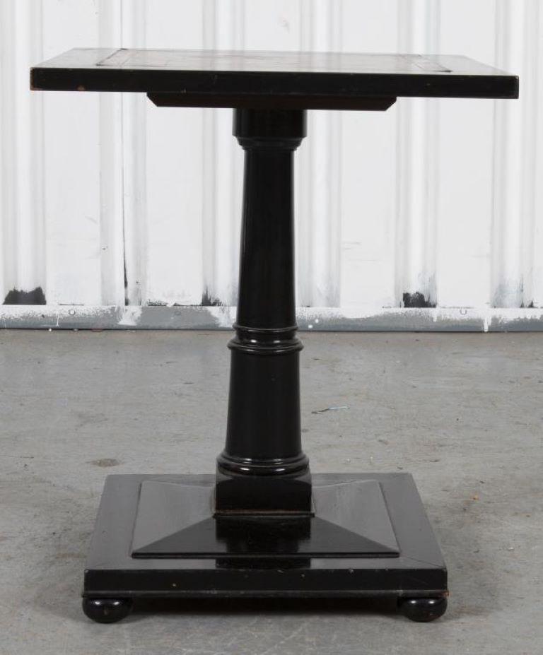 Hekman Ebonized Wood Tooled Leather Top Pedestal Table with gilt trim on square base with four round feet, stamped 