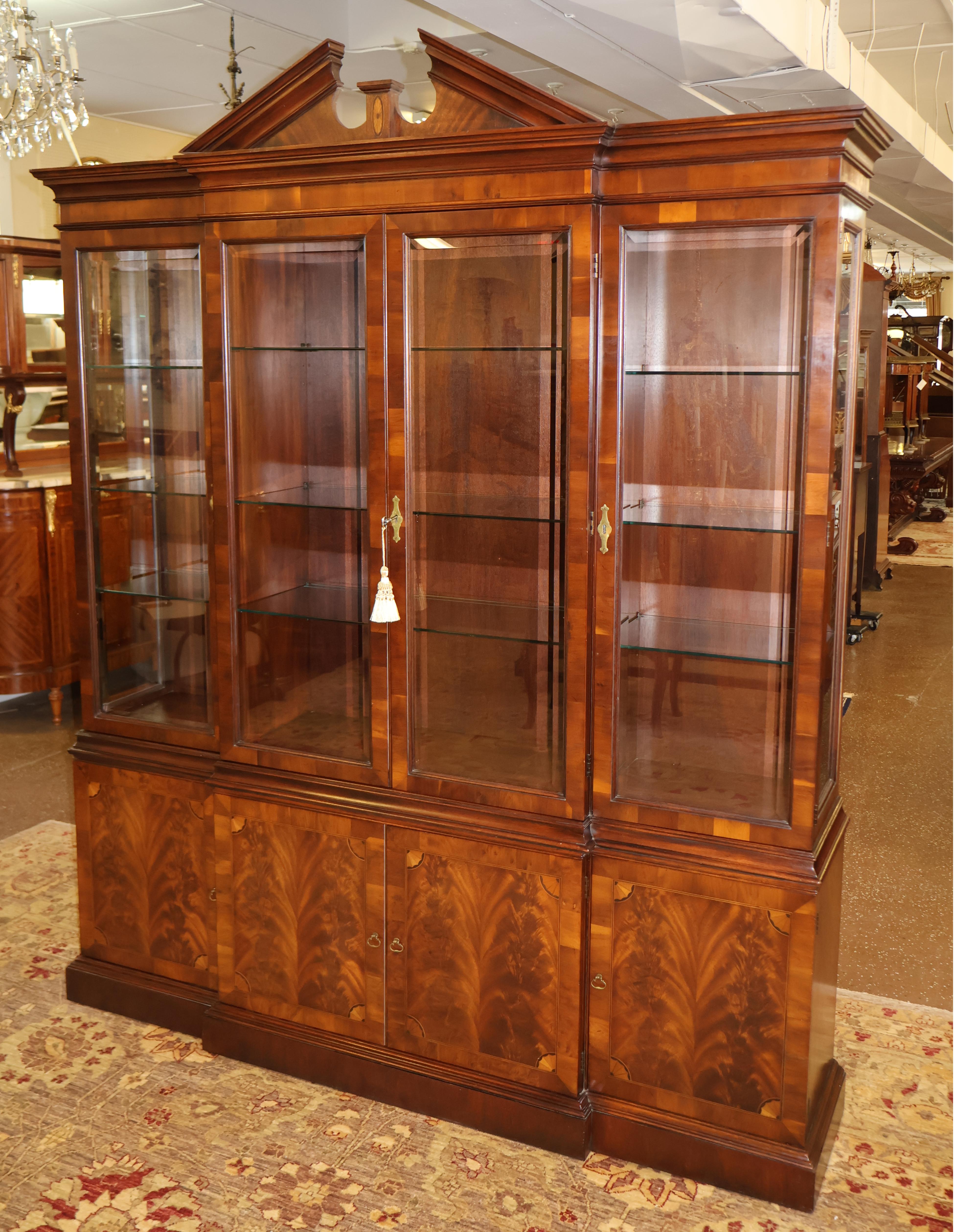 American Hekman Federal Style Mahogany Bookcase Cabinet Breakfront For Sale