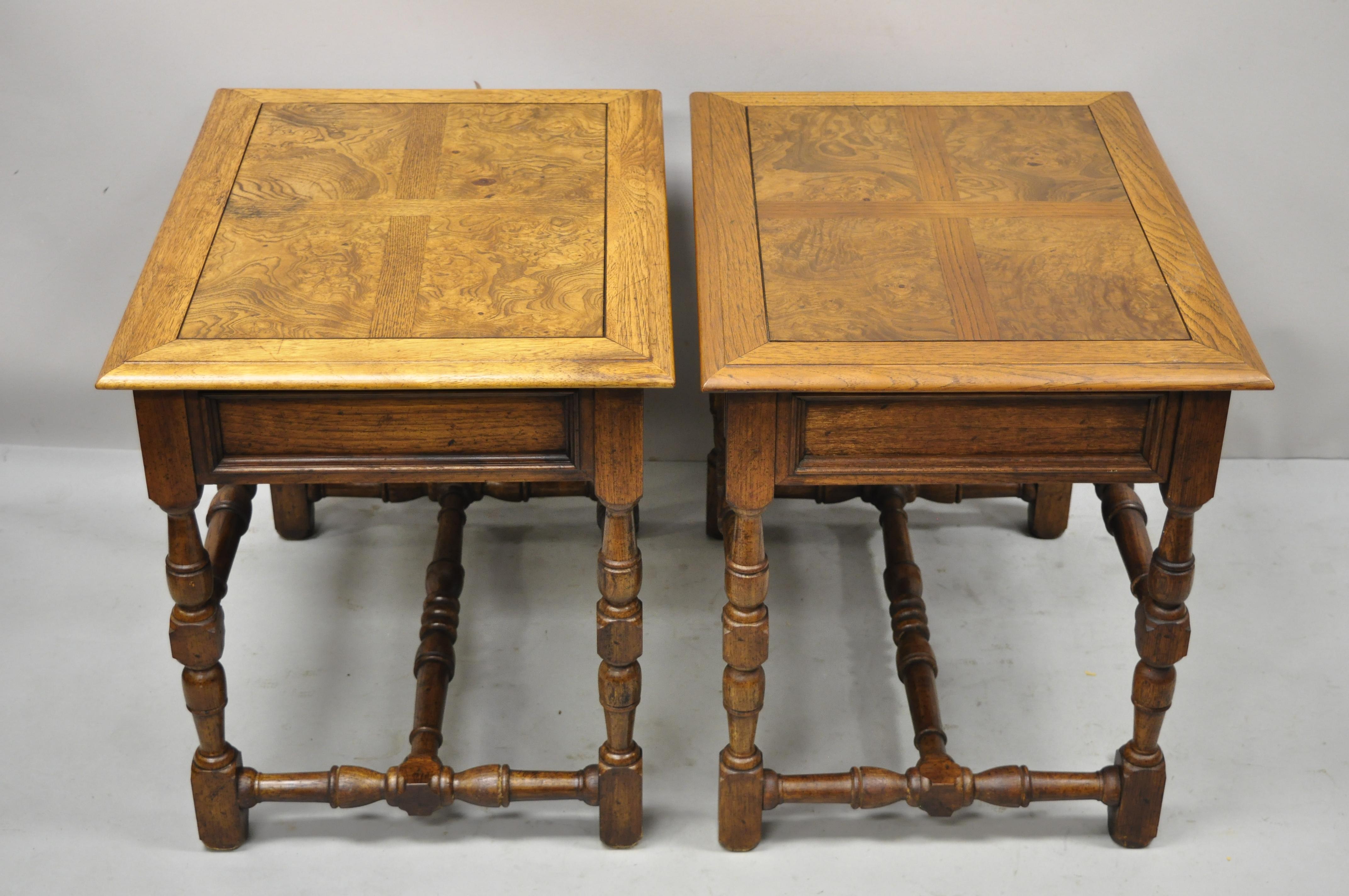 Hekman French Country English Jacobean Oak Burlwood Lamp End Tables, a Pair For Sale 3