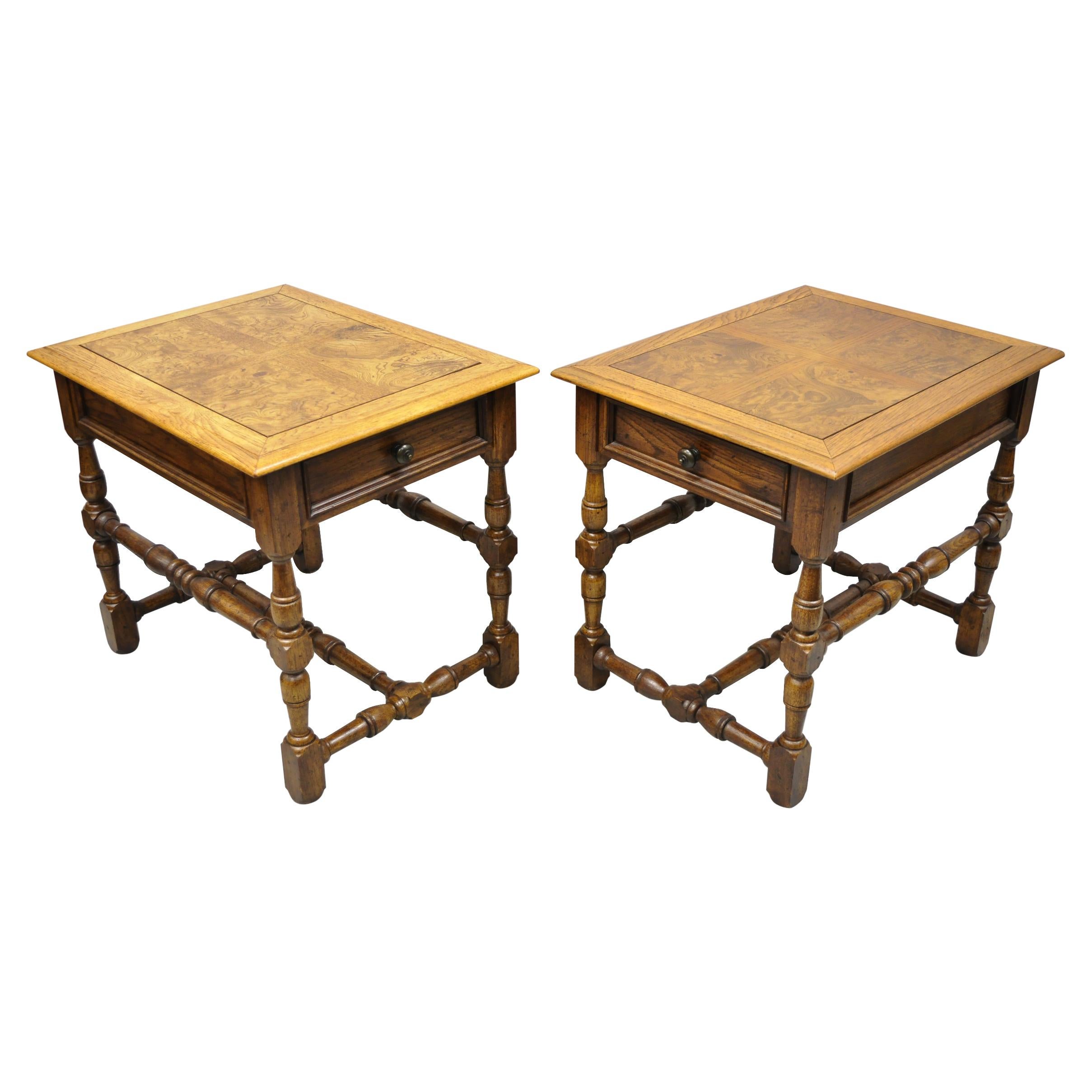 Hekman French Country English Jacobean Oak Burlwood Lamp End Tables, a Pair For Sale