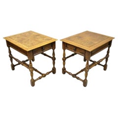 Hekman French Country English Jacobean Oak Burlwood Lamp End Tables - a Pair