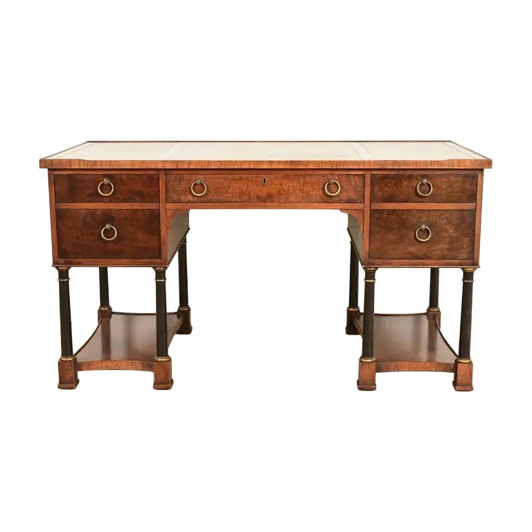 Hekman Furniture French Empire Burled Walnut Leather Top Desk, Circa 1960s For Sale