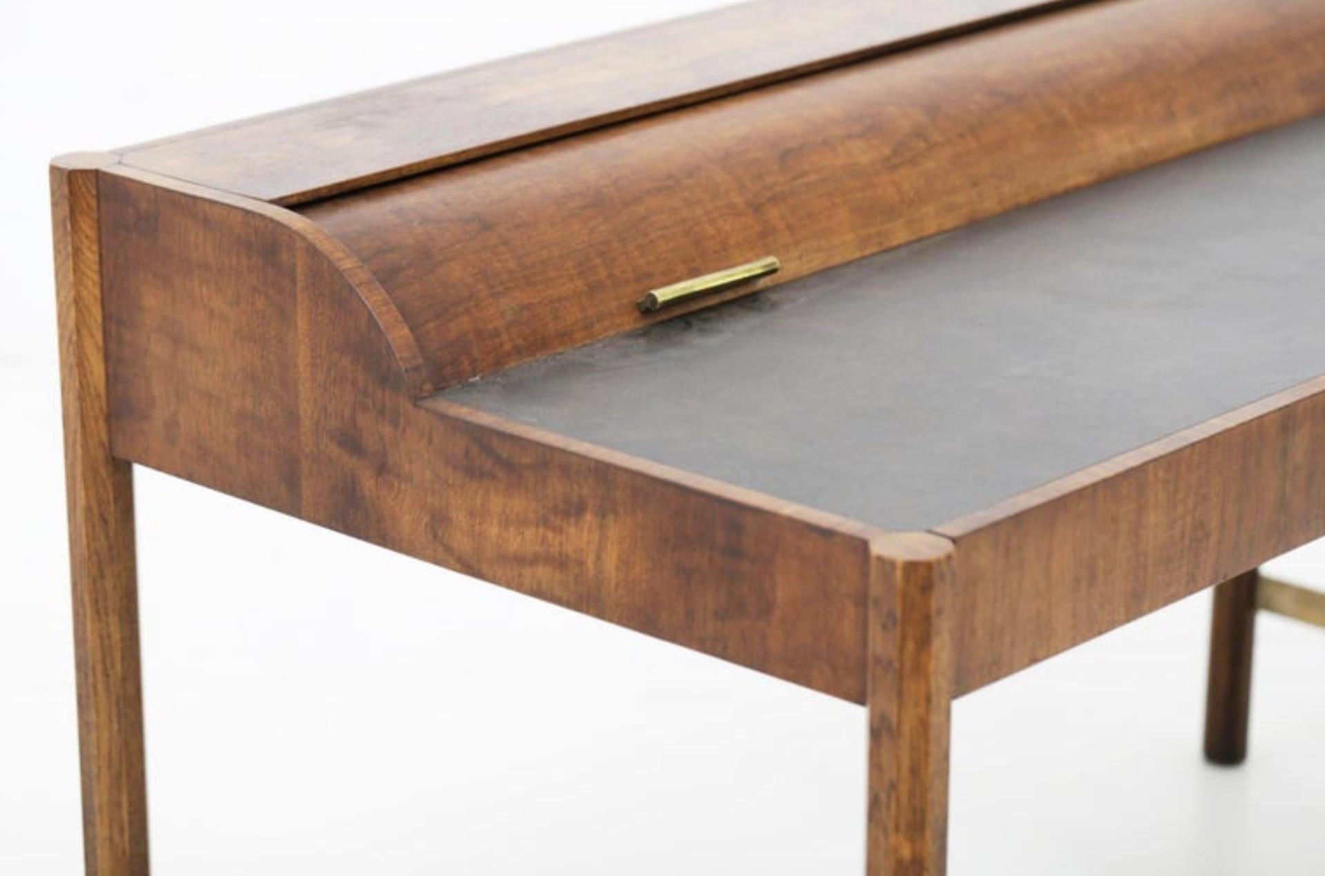 American Hekman Furniture Signed Walnut & Brass Roll-Top Writing Desk Mid-Century Modern For Sale