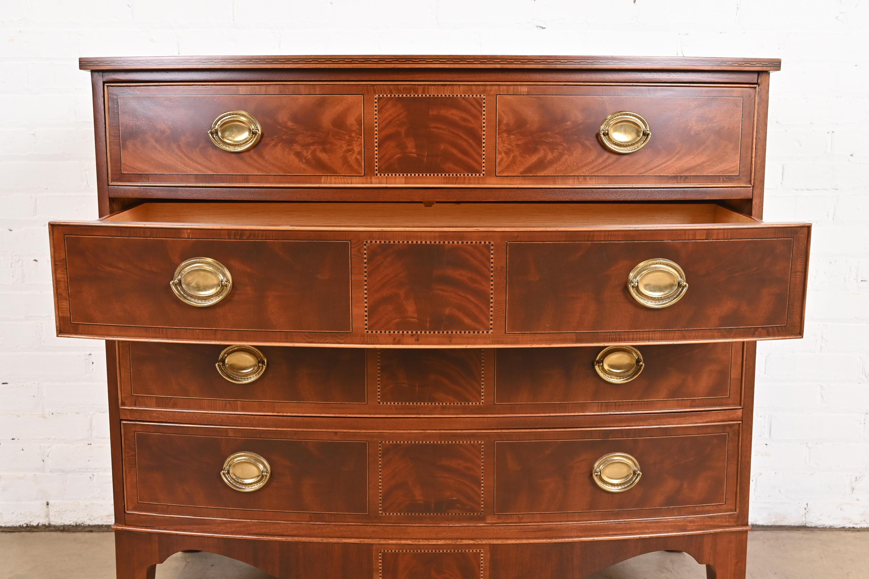Hekman Georgian Inlaid Flame Mahogany Bow Front Chest of Drawers, Refinished 4