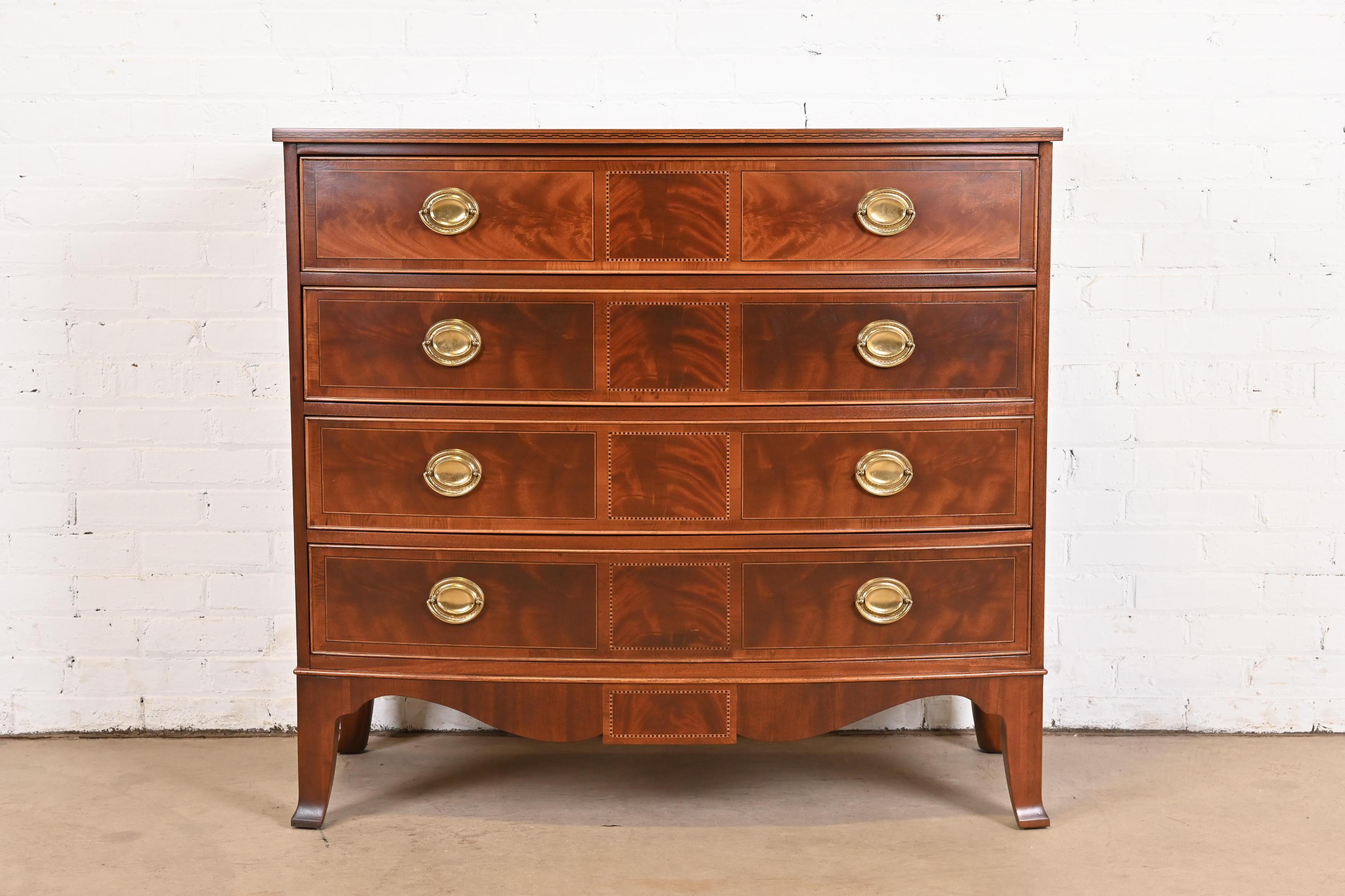 American Hekman Georgian Inlaid Flame Mahogany Bow Front Chest of Drawers, Refinished