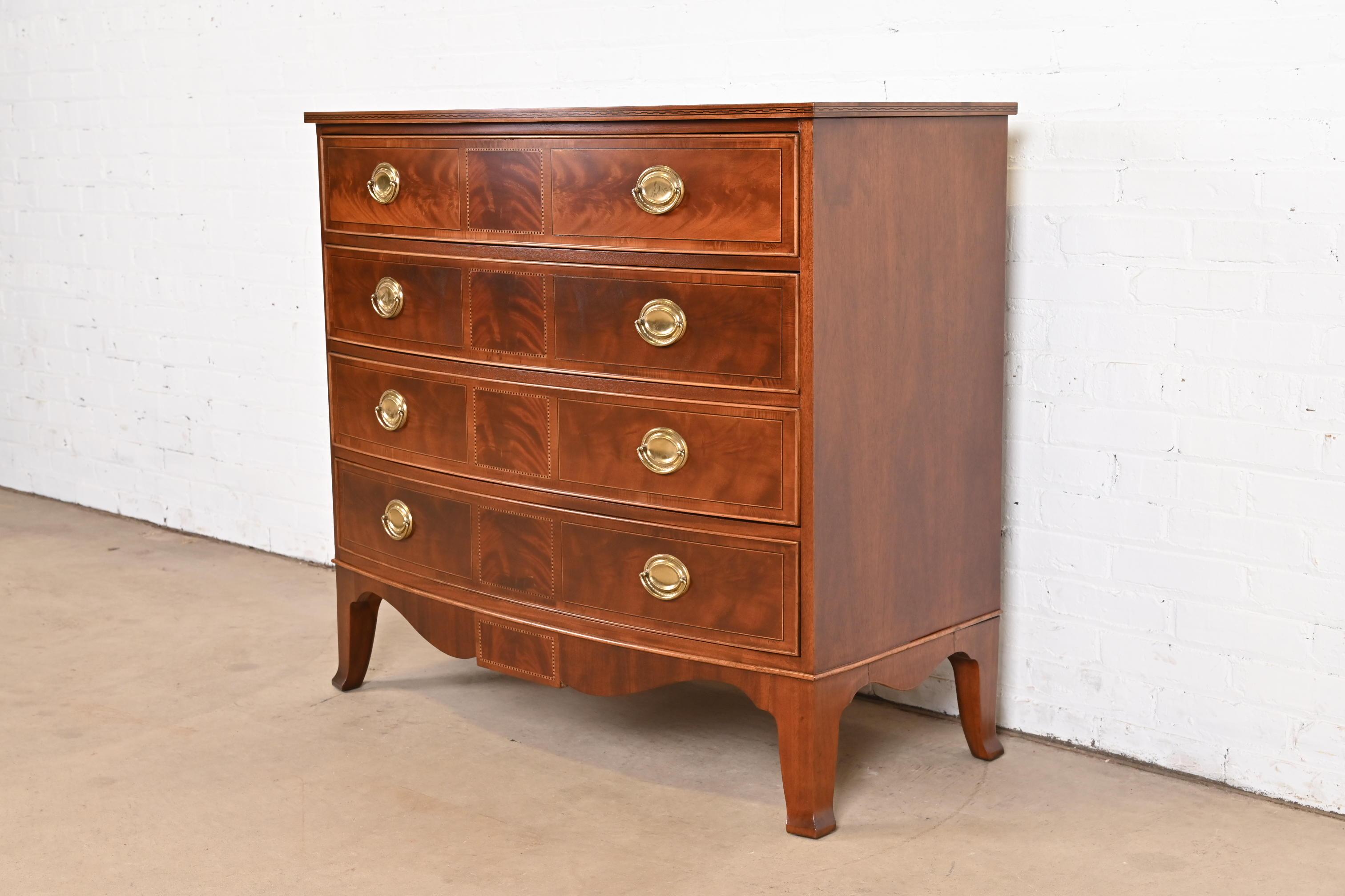 Hekman Georgian Inlaid Flame Mahogany Bow Front Chest of Drawers, Refinished In Good Condition In South Bend, IN