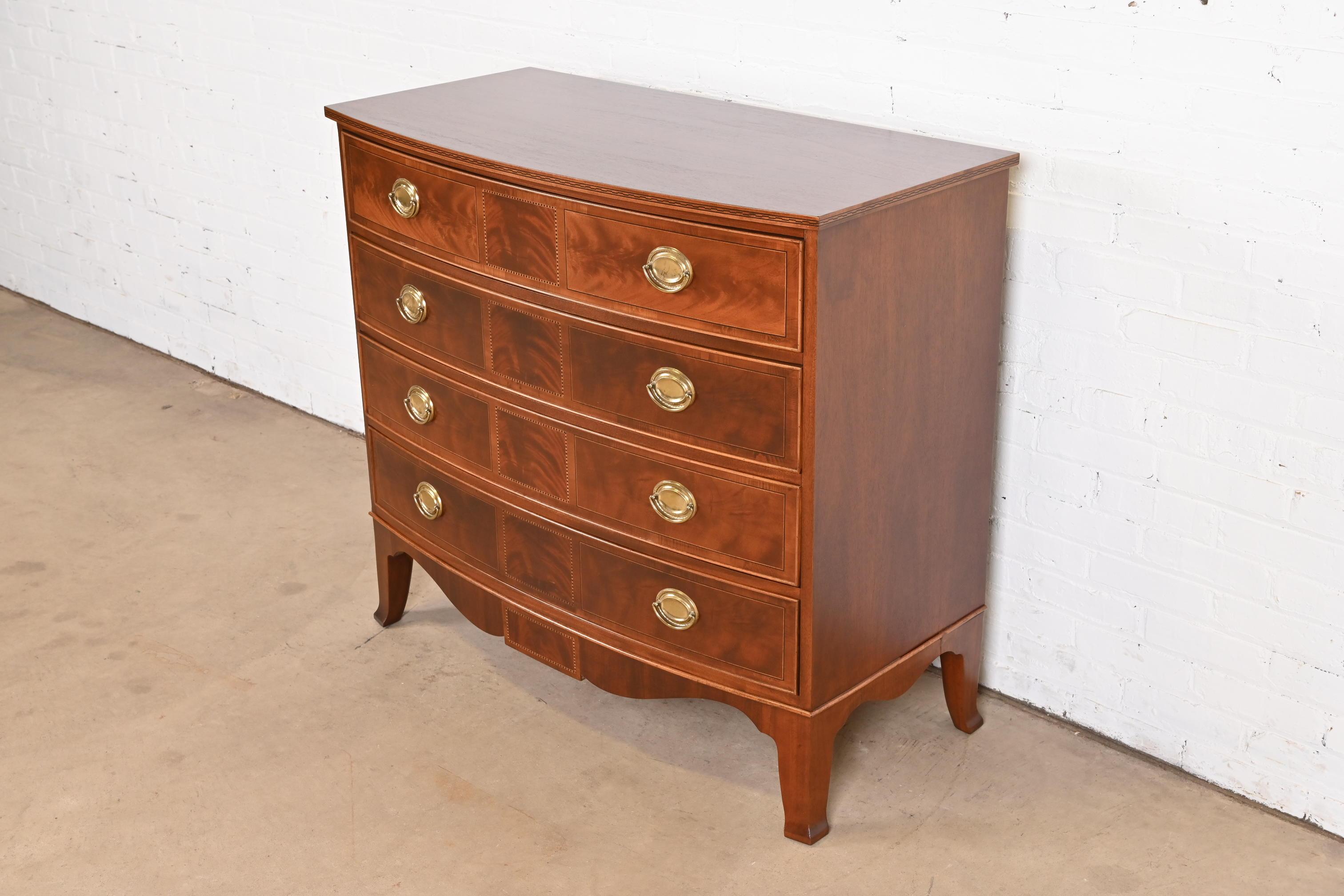 Late 20th Century Hekman Georgian Inlaid Flame Mahogany Bow Front Chest of Drawers, Refinished