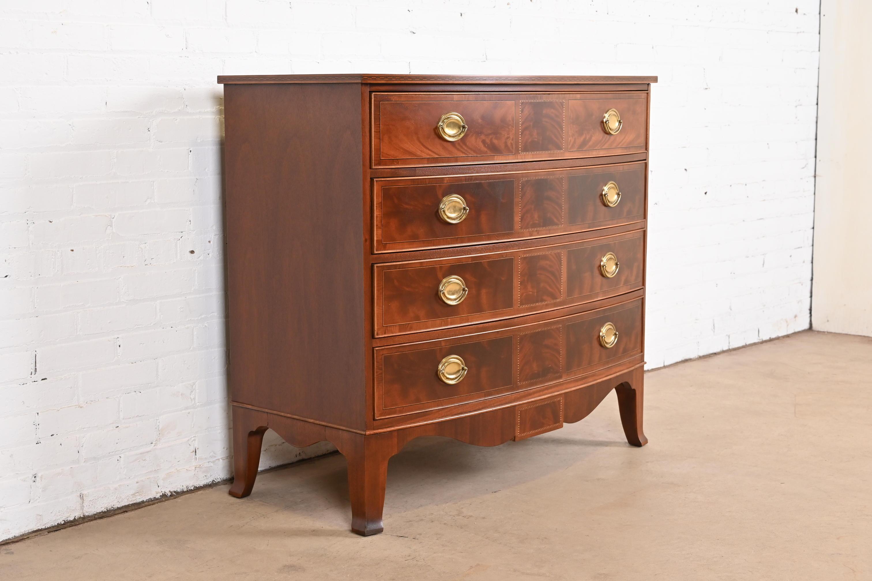 Brass Hekman Georgian Inlaid Flame Mahogany Bow Front Chest of Drawers, Refinished